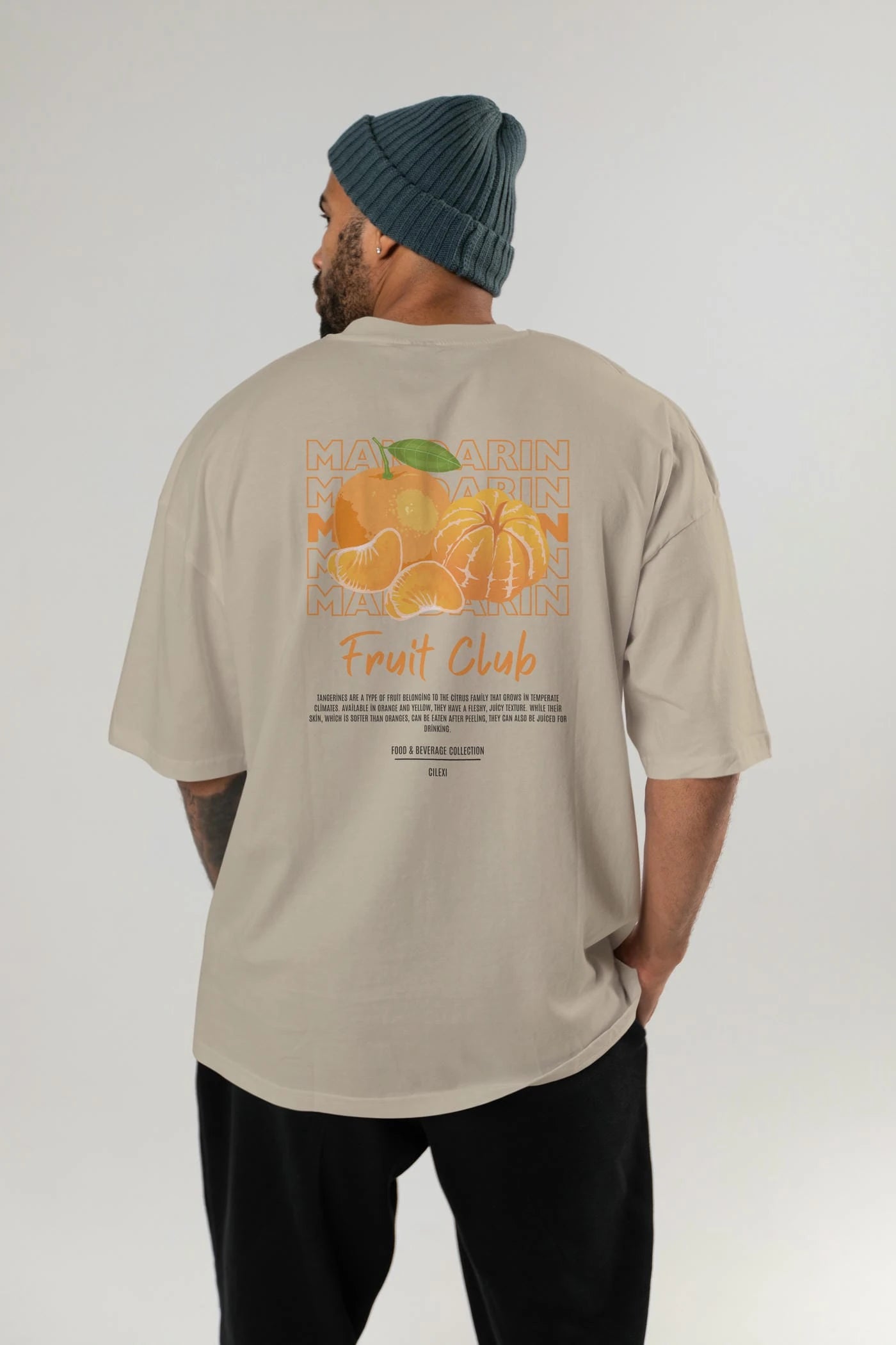 Mandarin Arka Baskılı Oversize t-shirt Erkek Kadın Pamuk Bisiklet Yaka tişort