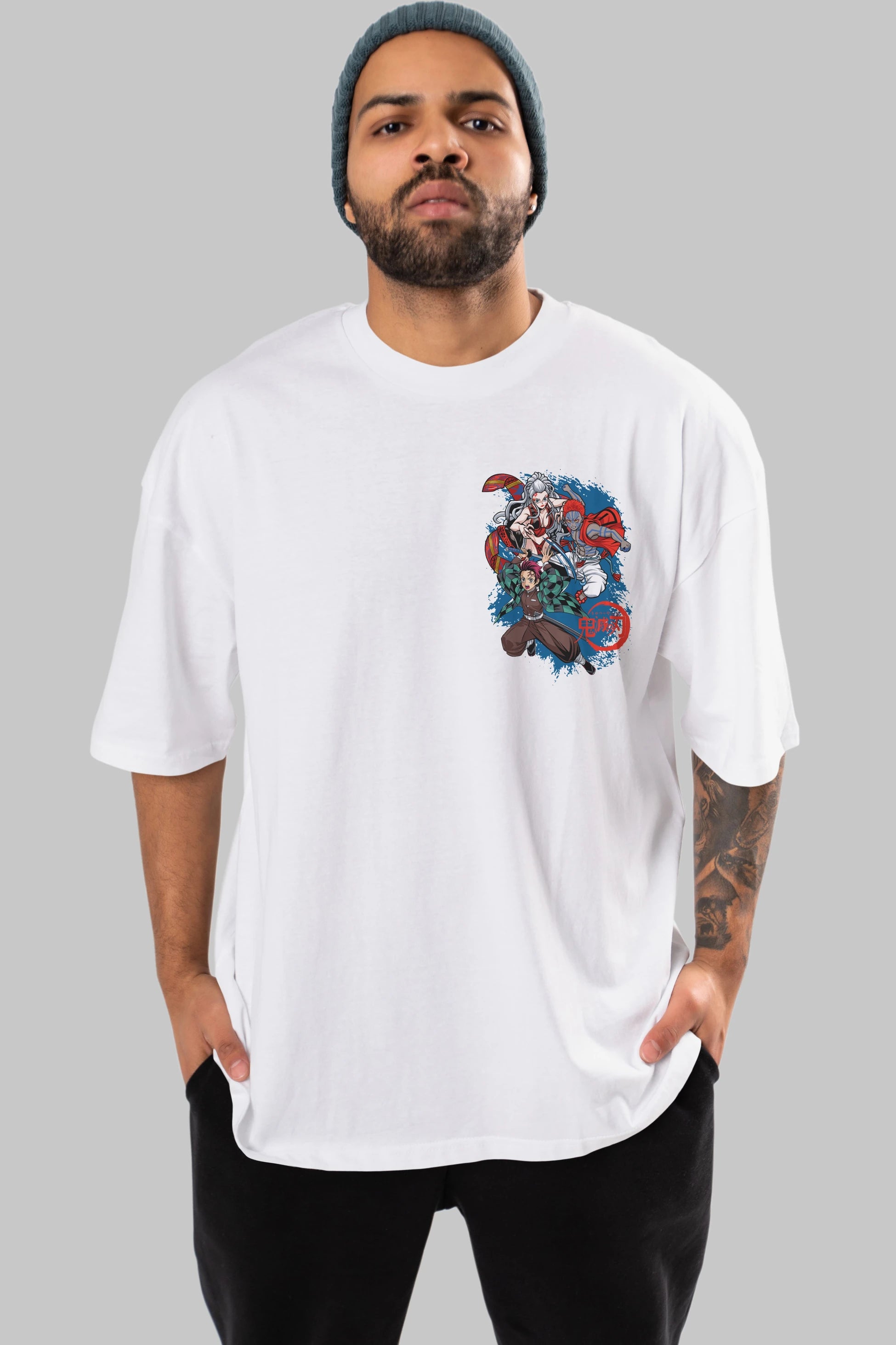 TANJIRO ,AKAZA,DAKI Ön Sol Baskılı Oversize t-shirt Erkek Kadın Unisex %100 Pamuk Bisiklet Yaka tişort