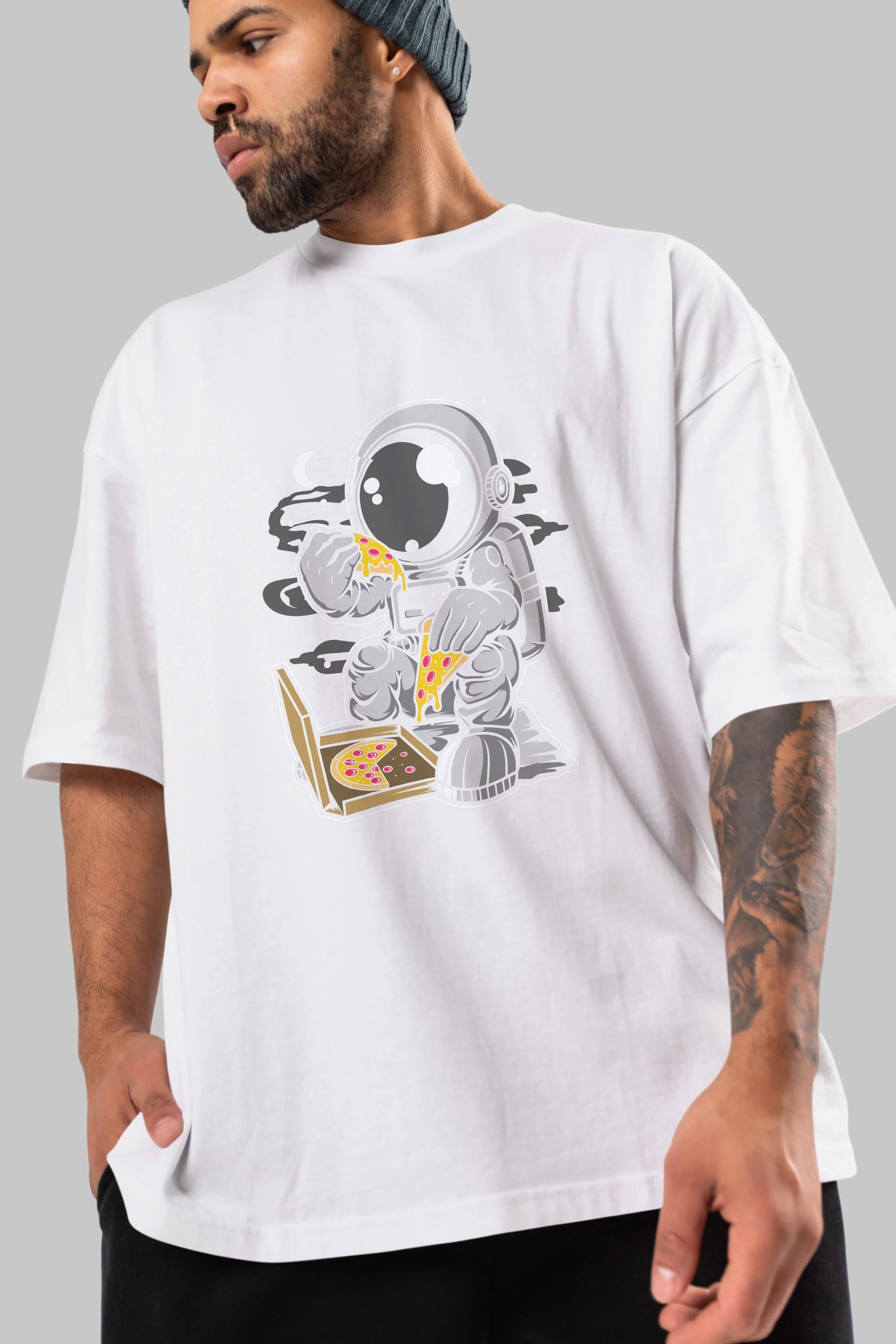 Astronaut Pizza Ön Baskılı Oversize t-shirt Erkek Kadın Unisex