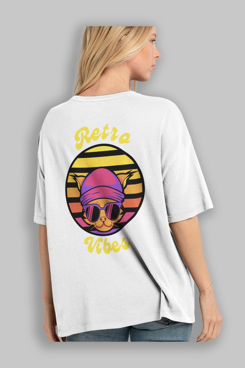 Cat Retro Vibes Arka Baskılı Oversize t-shirt Erkek Kadın Unisex