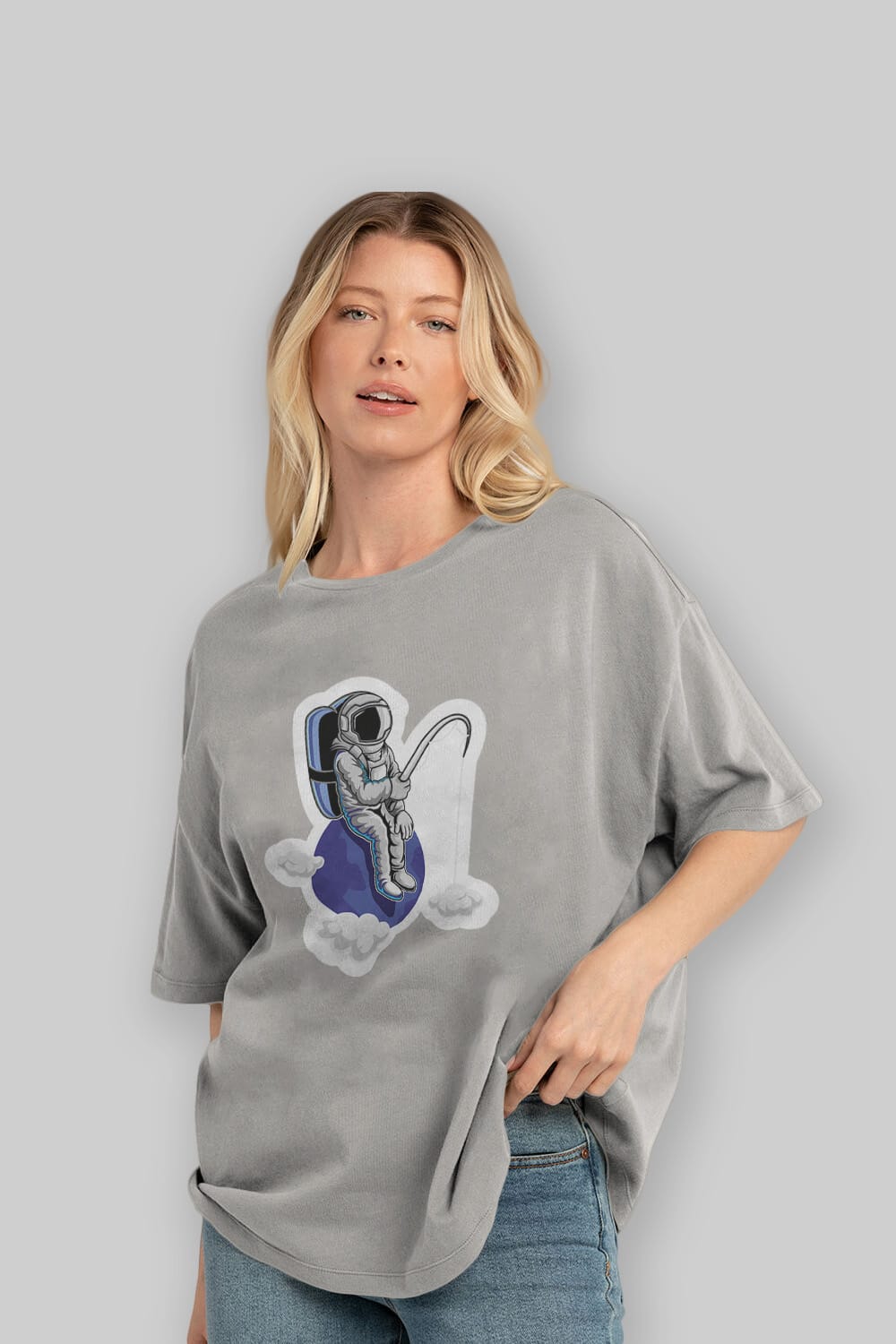 Astronaut Fishing Sticker Ön Baskılı Oversize t-shirt Erkek Kadın Unisex