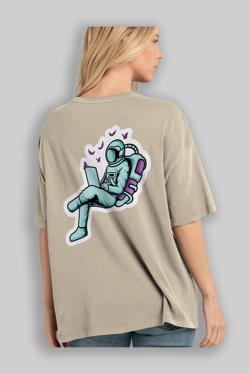 Work with Butterflies in Space Sticker Arka Baskılı Oversize t-shirt Erkek Kadın Unisex