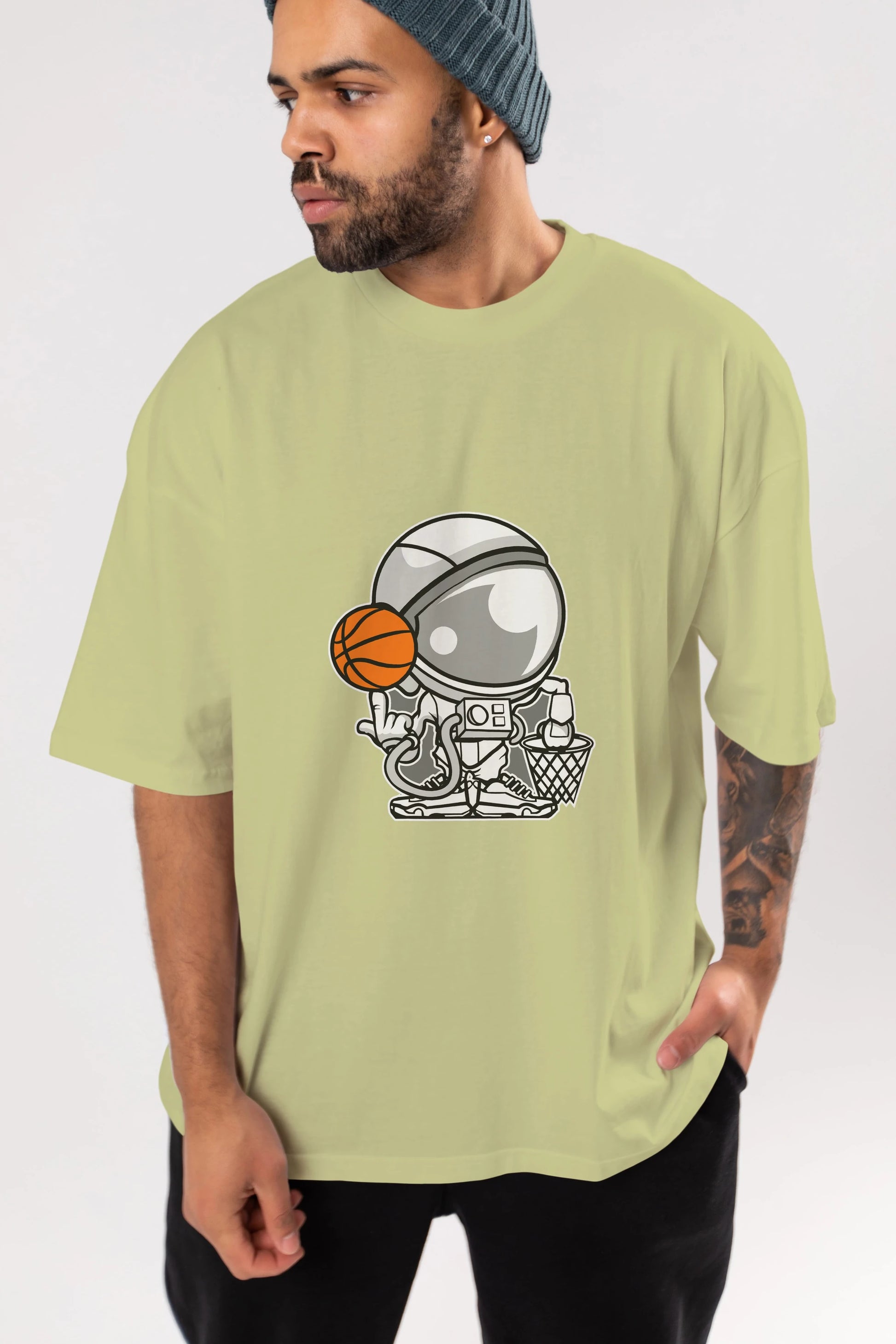 Astronaut Basketball Ön Baskılı Oversize t-shirt Erkek Kadın Unisex %100 Pamuk tişort