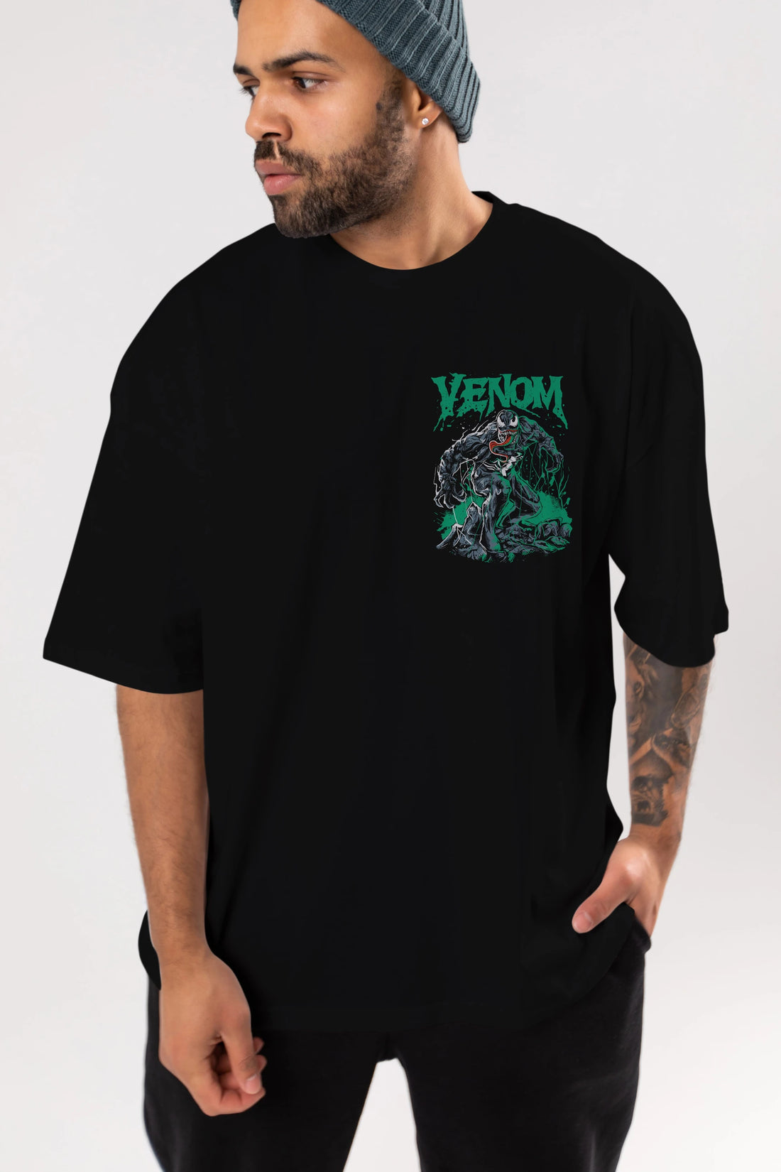 Venom (3) Ön Sol Baskılı Oversize t-shirt Erkek Kadın Unisex %100 Pamuk Bisiklet Yaka tişort