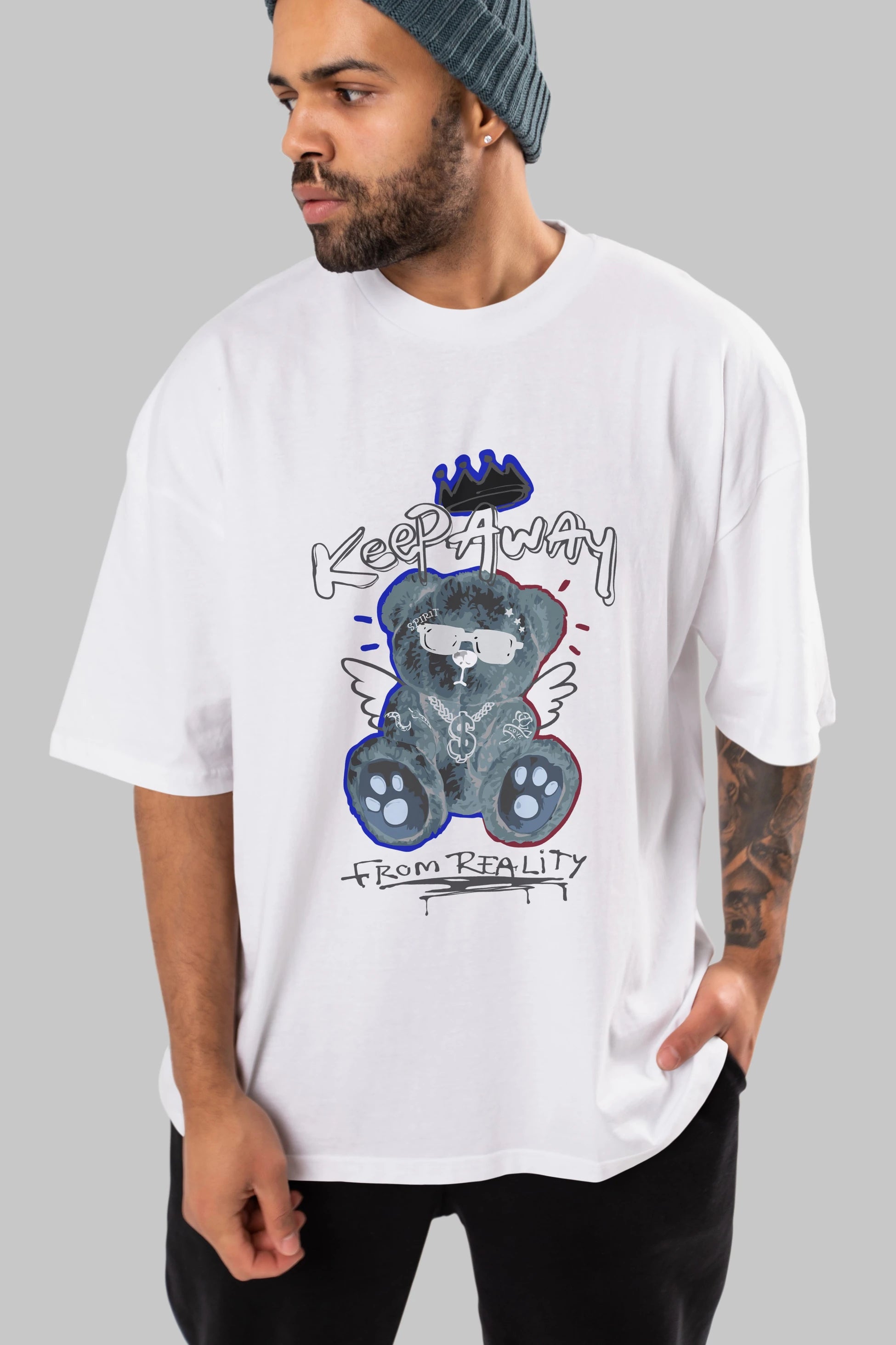 Keep Away Bear Ön Baskılı Oversize t-shirt Erkek Kadın Unisex