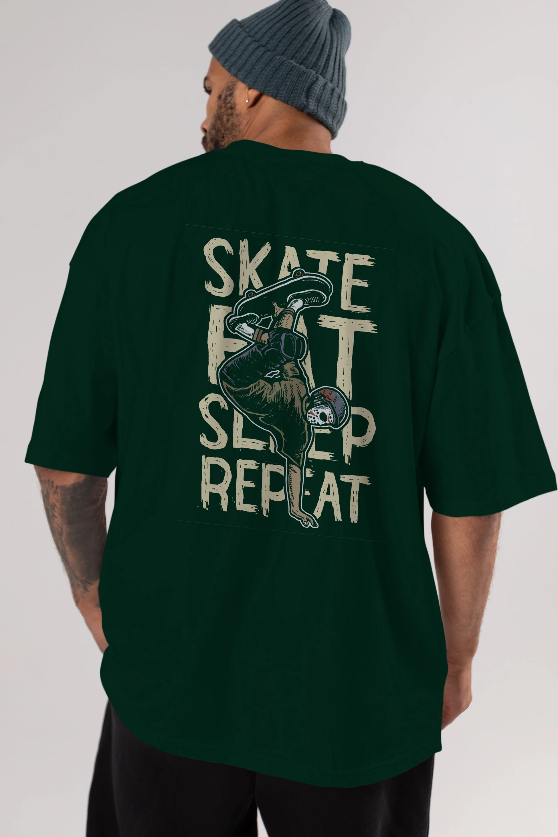 Skate Eat Sleep Repeat Arka Baskılı Oversize t-shirt Erkek Kadın Unisex %100 Pamuk