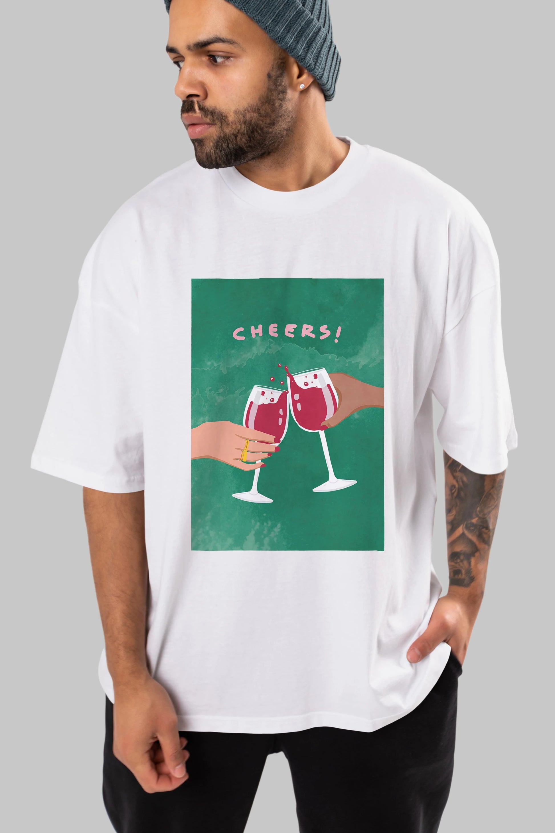 Cheers Ön Baskılı Oversize t-shirt Erkek Kadın Unisex %100 Pamuk Bisiklet Yaka tişort
