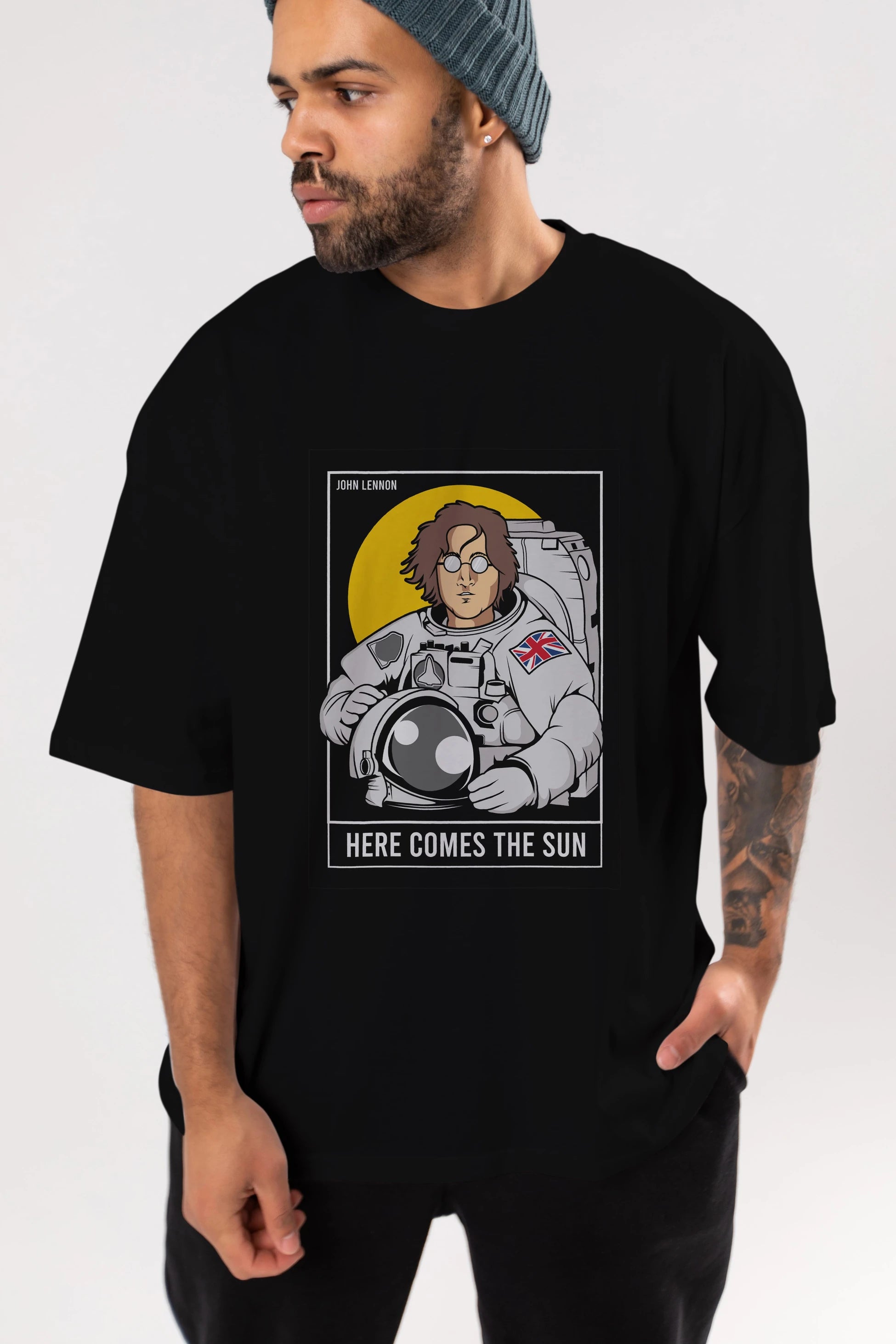 John Lennon Astronot Ön Baskılı Oversize t-shirt Erkek Kadın Unisex %100 Pamuk tişort