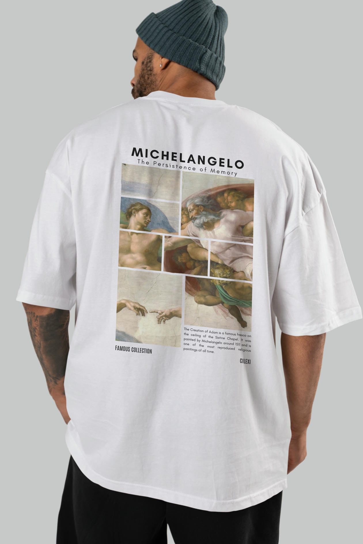 Michelangelo Arka Baskılı Oversize t-shirt Erkek Kadın Bisiklet Yaka Pamuk tişort