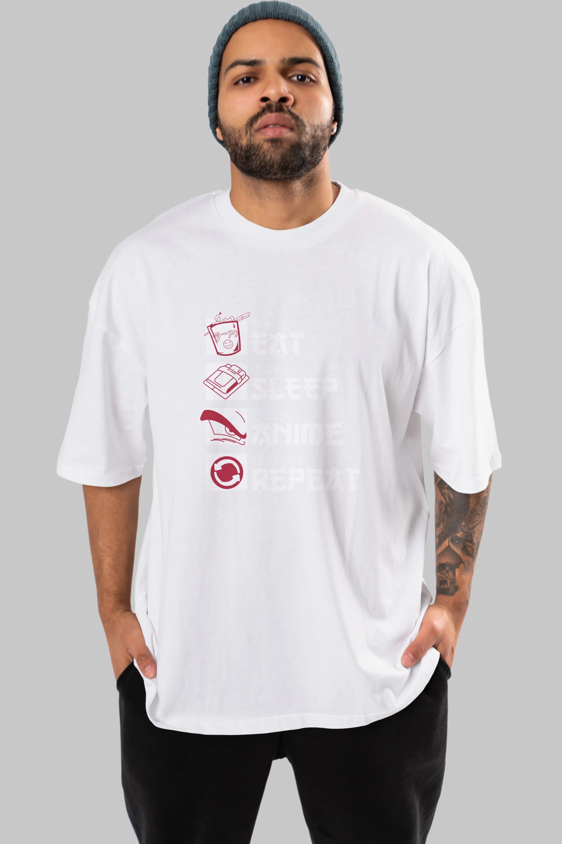 Eat, Sleep, Anime, Repeat Anime Ön Baskılı Oversize t-shirt %100 pamuk Erkek Kadın Unisex