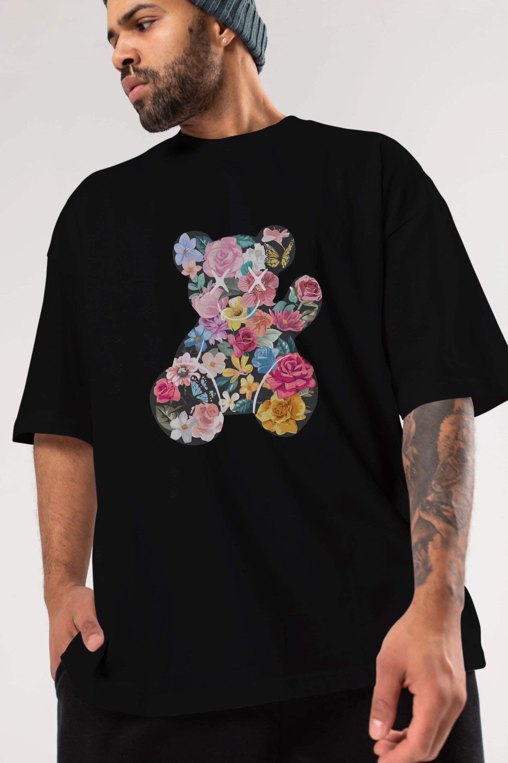 Flowers Bear Ön Baskılı Oversize t-shirt Erkek Kadın Unisex
