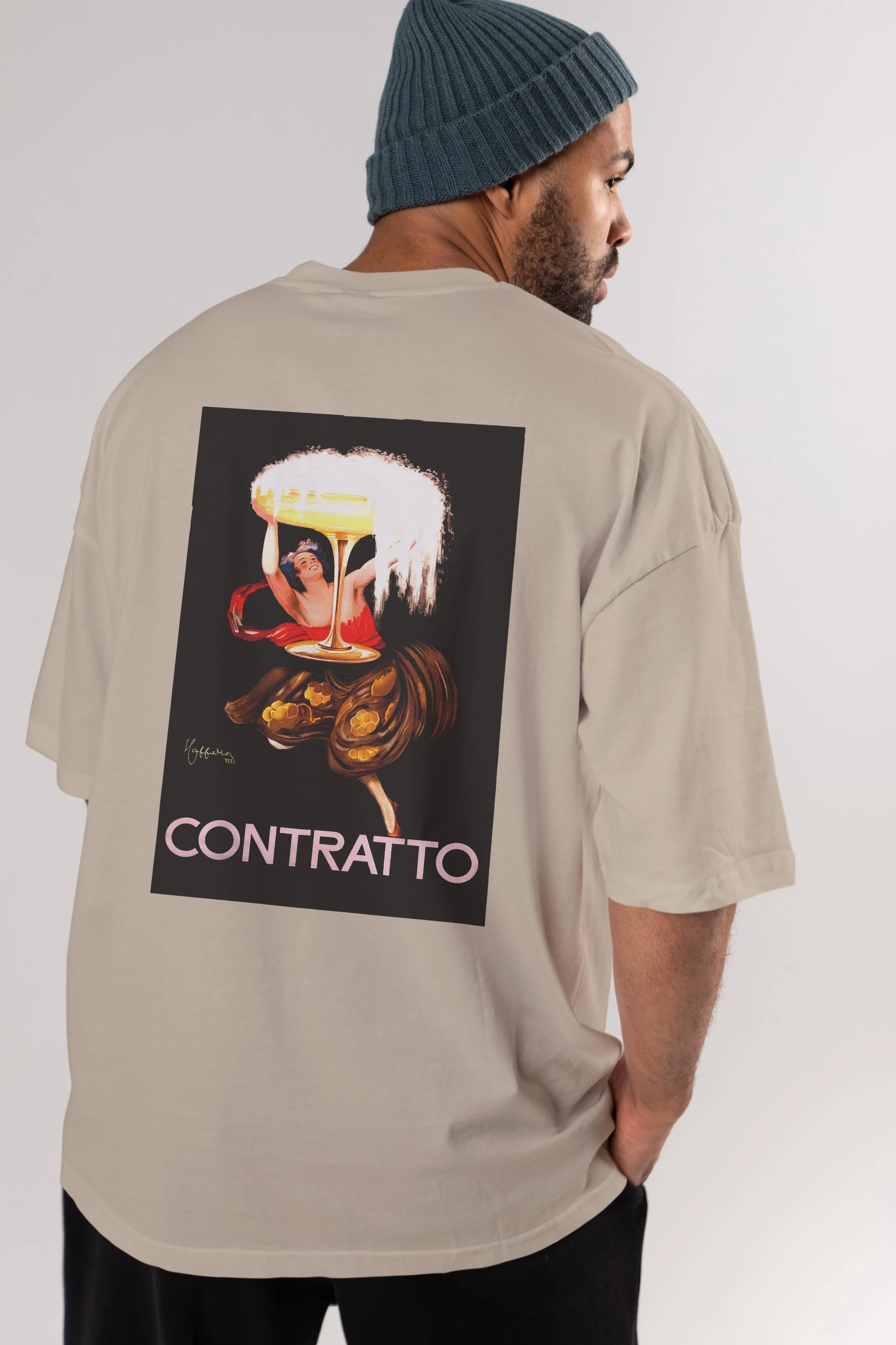 Contratto Arka Baskılı Oversize t-shirt Erkek Kadın Unisex %100 Pamuk Bisiklet Yaka tişort