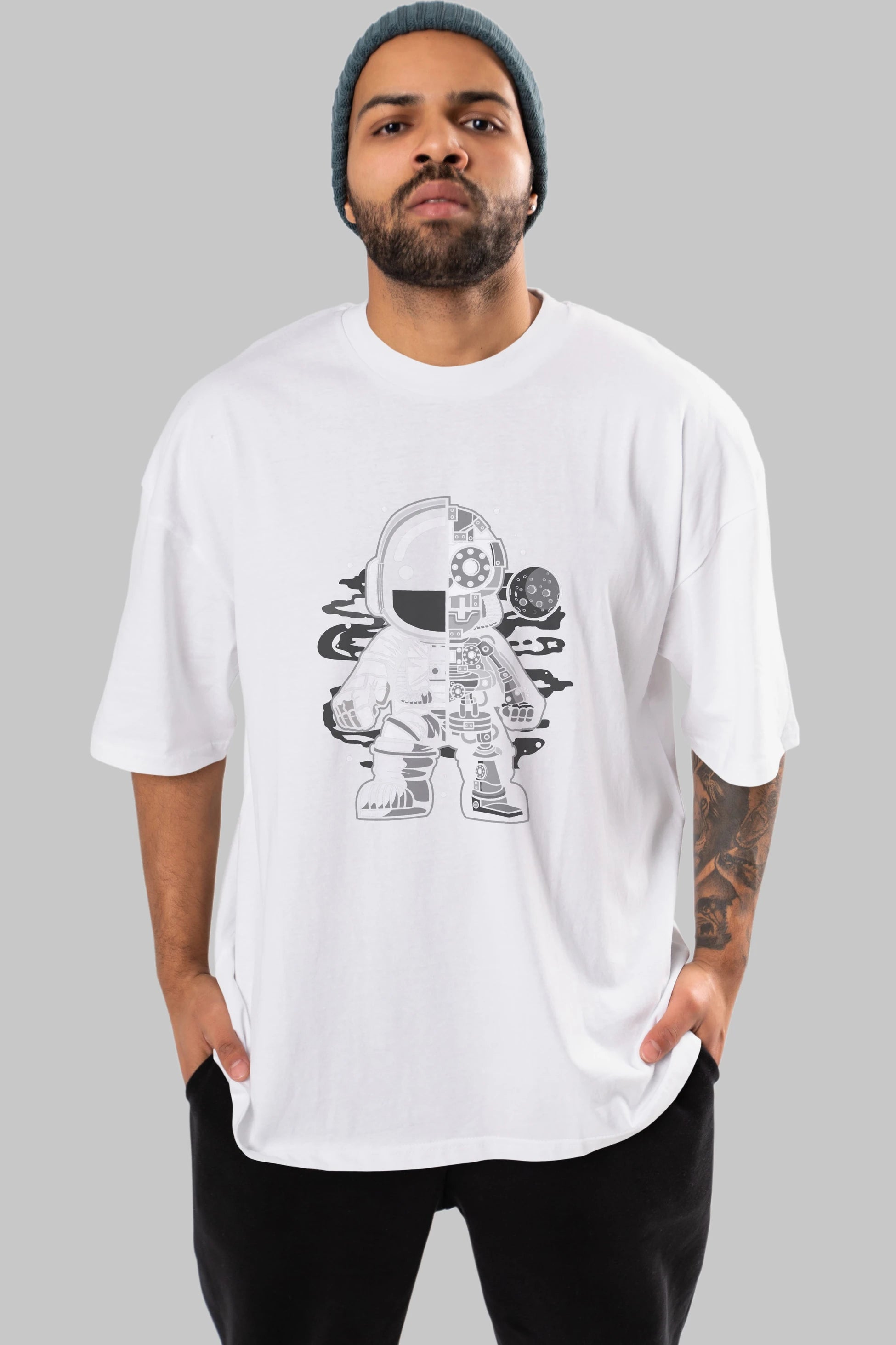 Astronaut Half Robot Ön Baskılı Oversize t-shirt Erkek Kadın Unisex