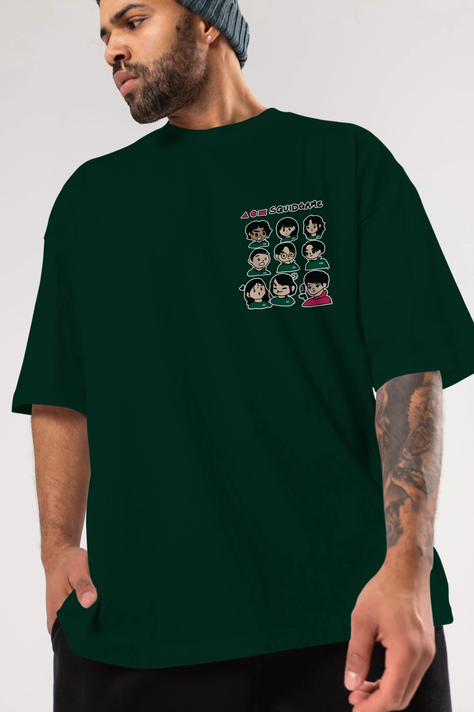 Squid Game (3) Ön Sol Baskılı Oversize t-shirt Erkek Kadın Unisex %100 Pamuk Bisiklet Yaka tişort
