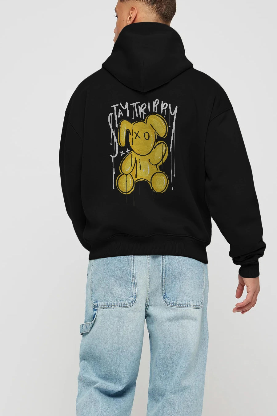 Stay Trippy Bear Arka Baskılı Hoodie Oversize Kapüşonlu Sweatshirt Erkek Kadın Unisex
