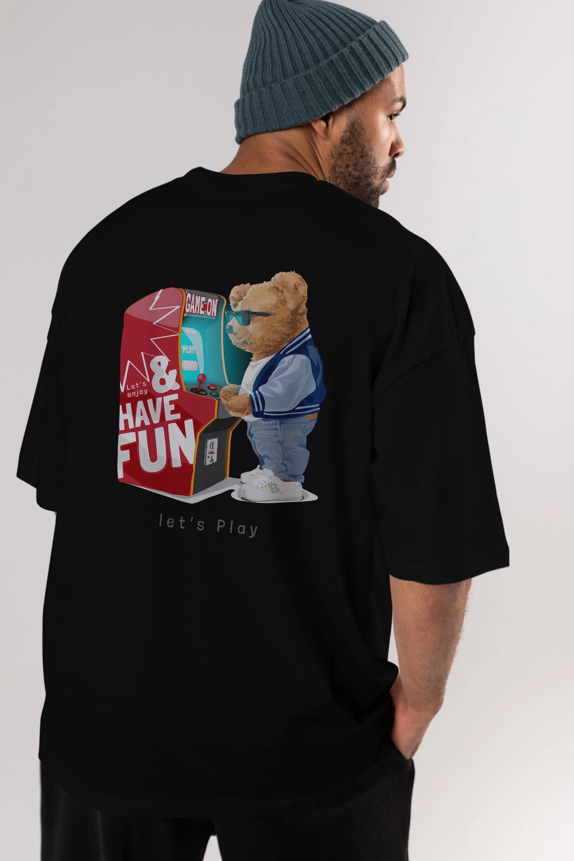 Teddy Bear Lets Play Arka Baskılı Oversize t-shirt Erkek Kadın Unisex %100 Pamuk