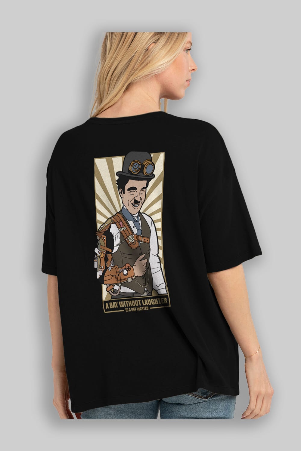 Steampunk Chaplin Arka Baskılı Oversize t-shirt Erkek Kadın Unisex %100 Pamuk tişort
