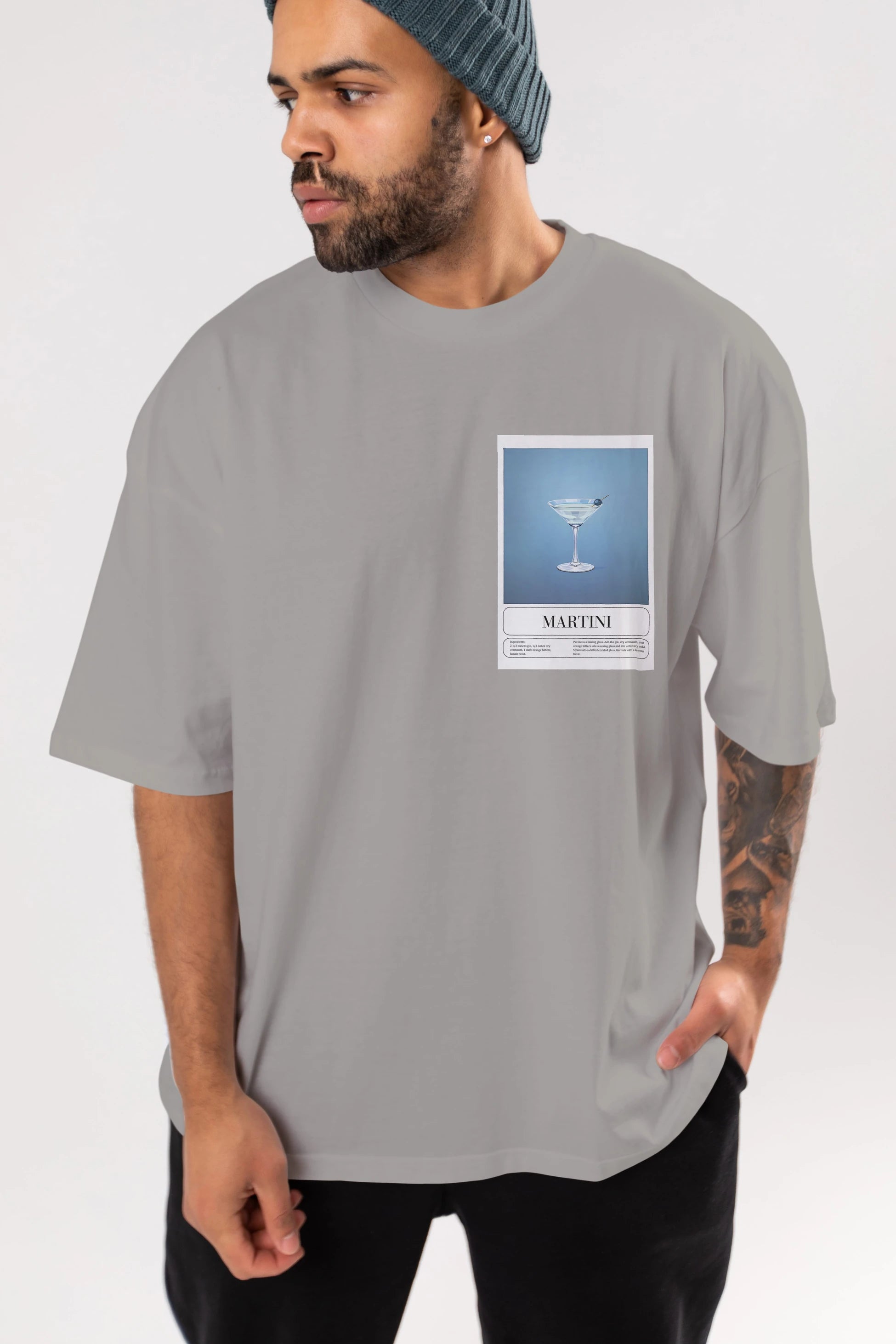Martini Ön Sol Baskılı Oversize t-shirt Erkek Kadın Unisex %100 Pamuk Bisiklet Yaka tişort