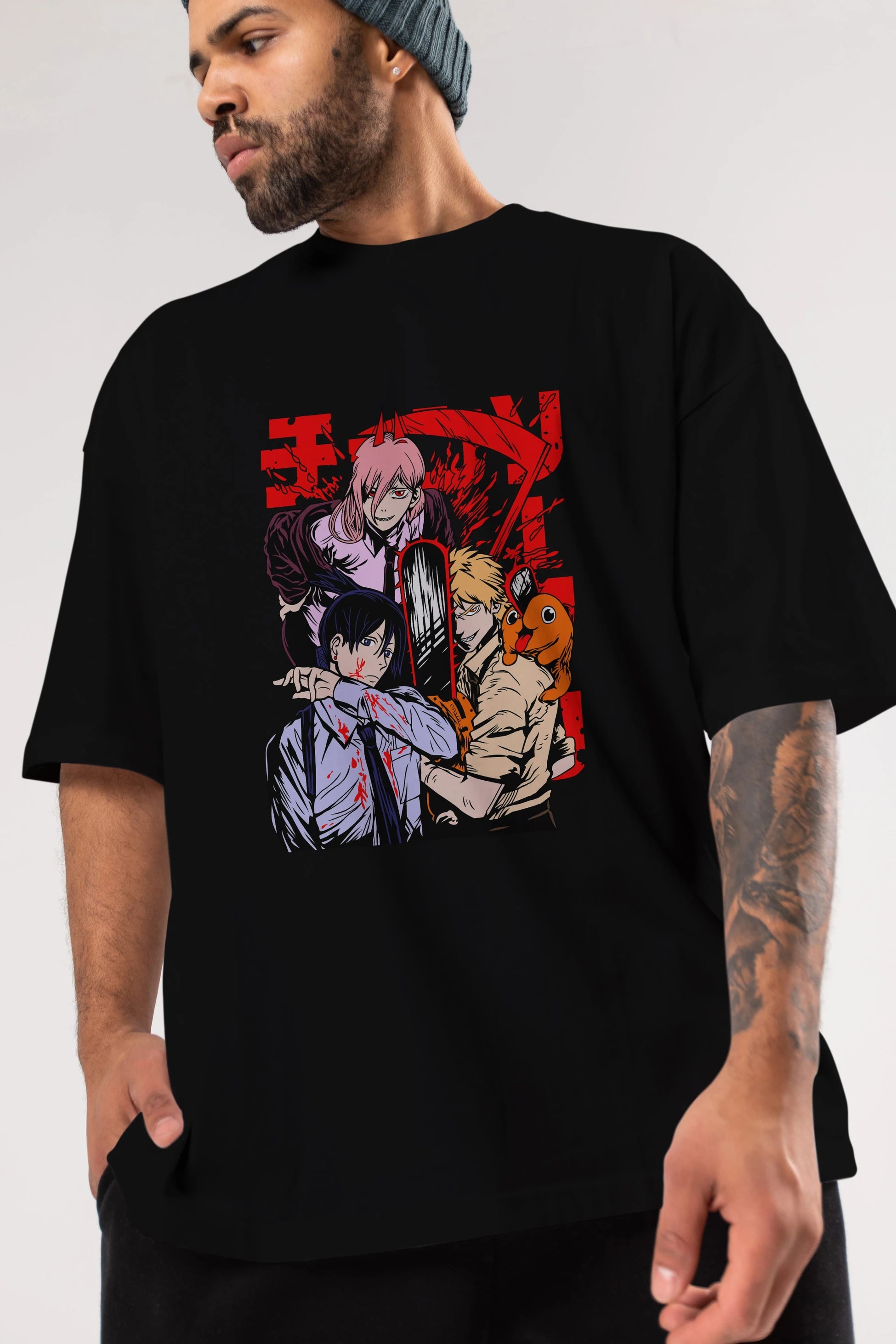 CHAINSAWMAN CREW Anime Ön Baskılı Oversize t-shirt %100 pamuk Erkek Kadın Unisex