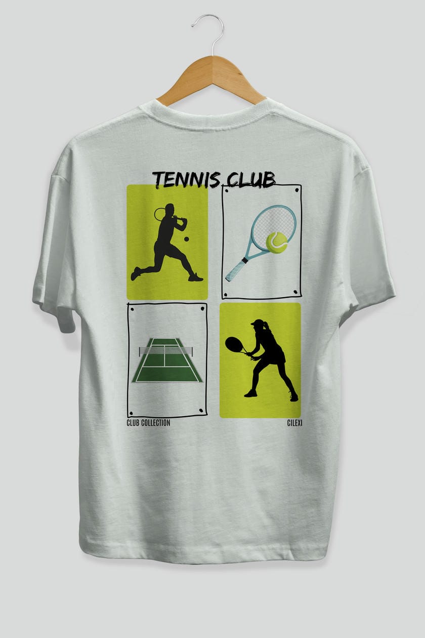 Tennis Club Arka Baskılı Oversize t-shirt Erkek Kadın %100 Pamuk Bisiklet Yaka tişort