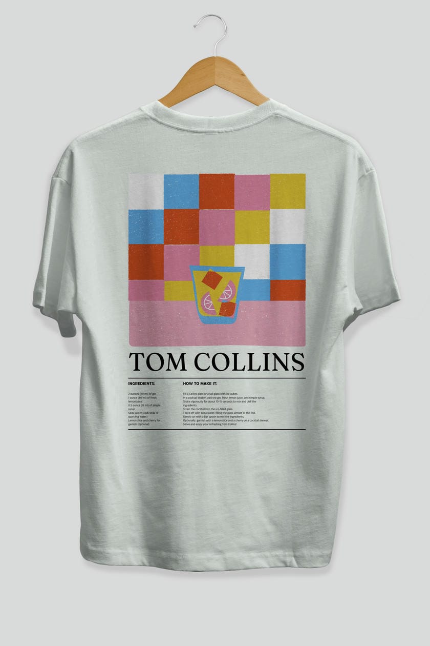 Tom Collins Kokteyl Serisi Arka Baskılı Oversize t-shirt Erkek Kadın %100 Pamuk Bisiklet Yaka tişort