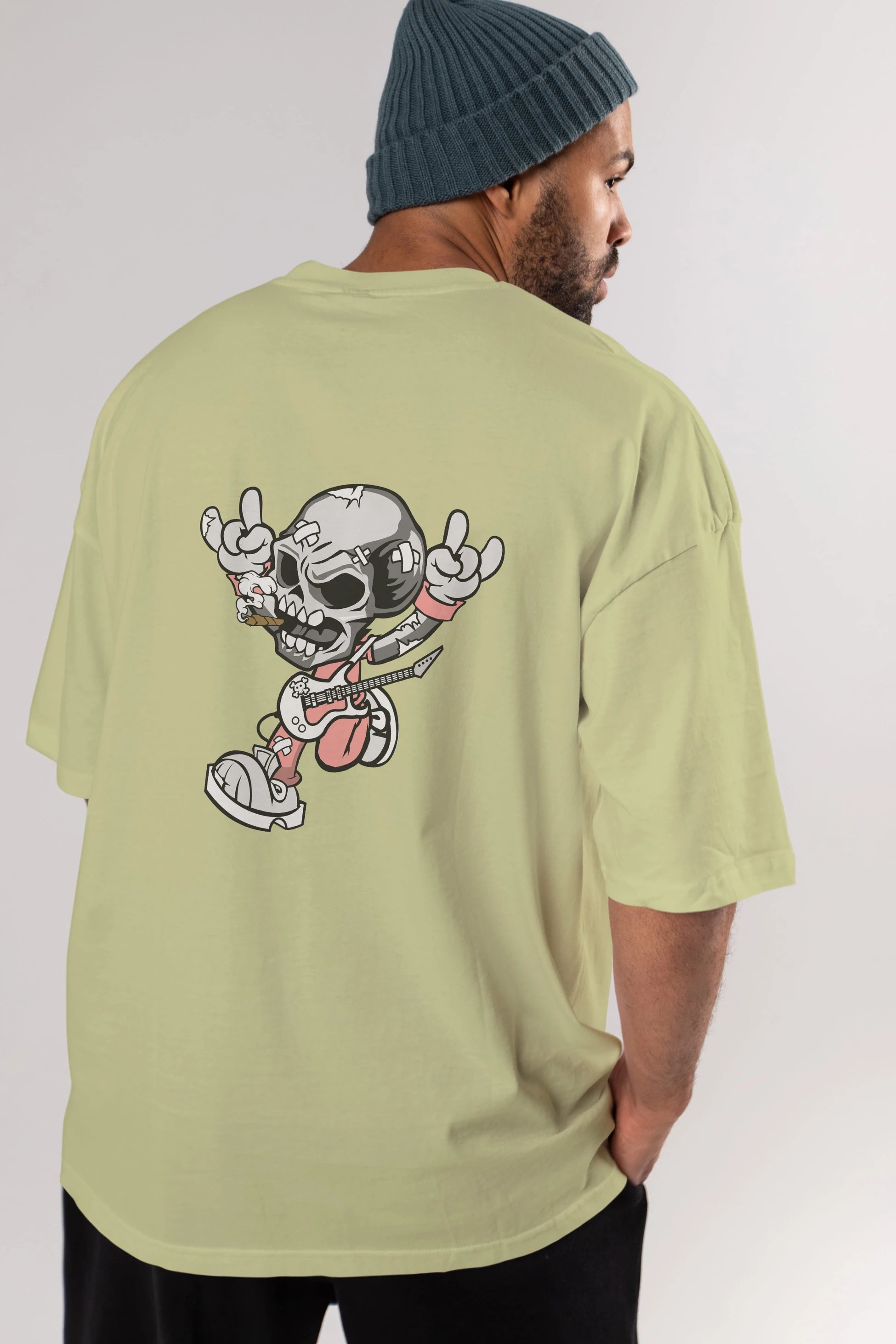 Skull Metal Sign Arka Baskılı Oversize t-shirt Erkek Kadın Unisex %100 Pamuk tişort