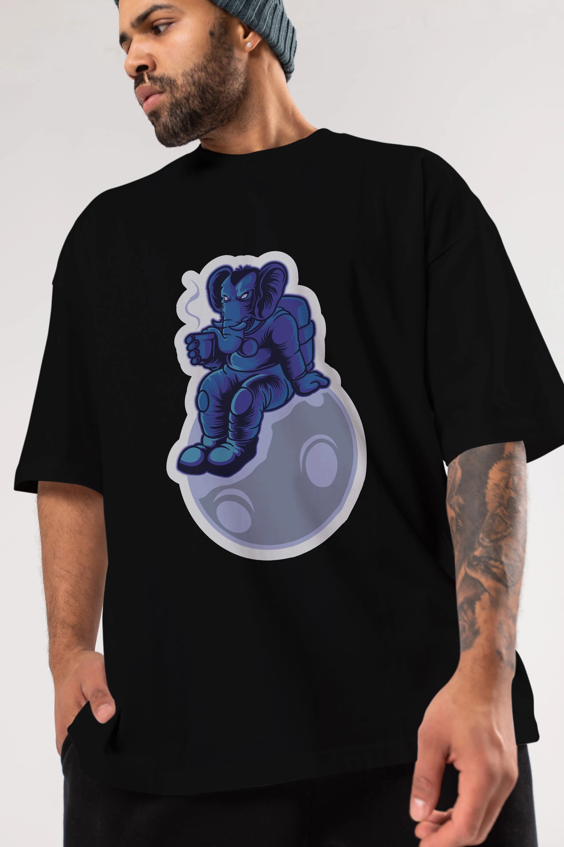 Space Elephant Drink Coffee Sticker Ön Baskılı Oversize t-shirt Erkek Kadın Unisex
