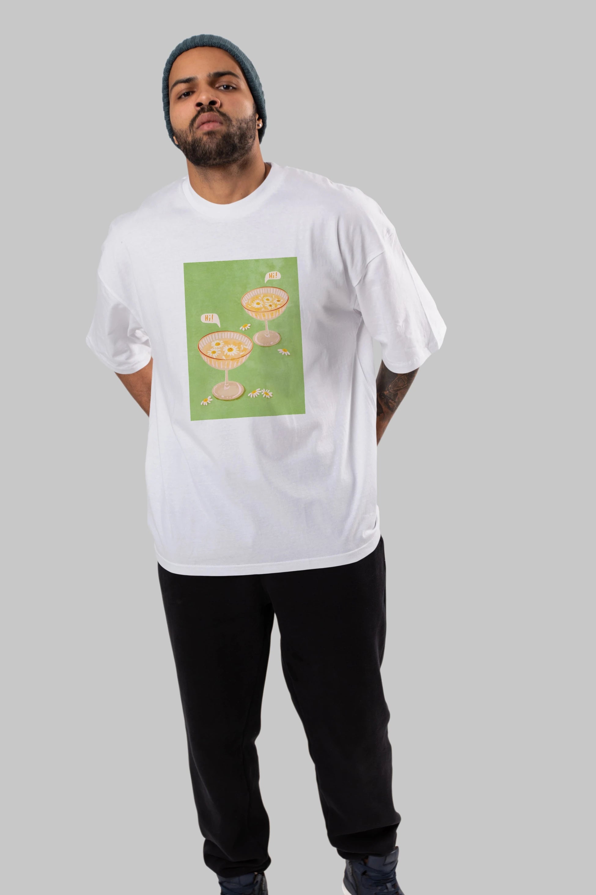 Hi Cheers Ön Baskılı Oversize t-shirt Erkek Kadın Unisex %100 Pamuk Bisiklet Yaka tişort
