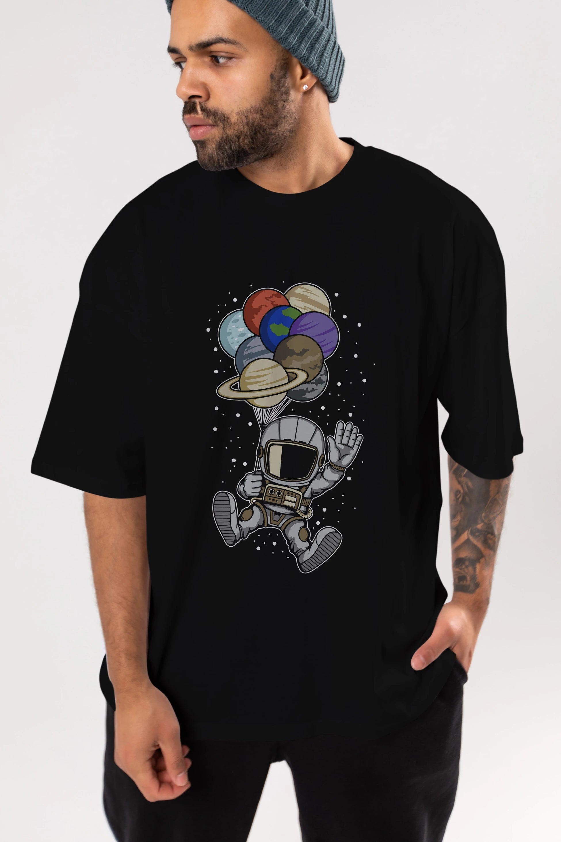 Astronaut Baloon Planets Ön Baskılı Oversize t-shirt Erkek Kadın Unisex