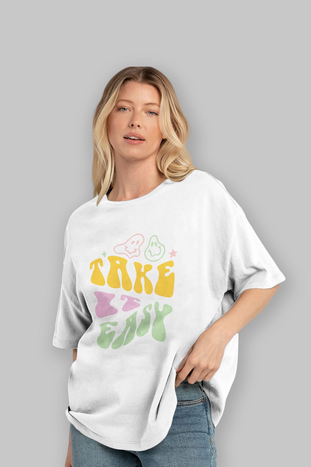 Take it Easy Yazılı Ön Baskılı Oversize t-shirt Erkek Kadın Unisex