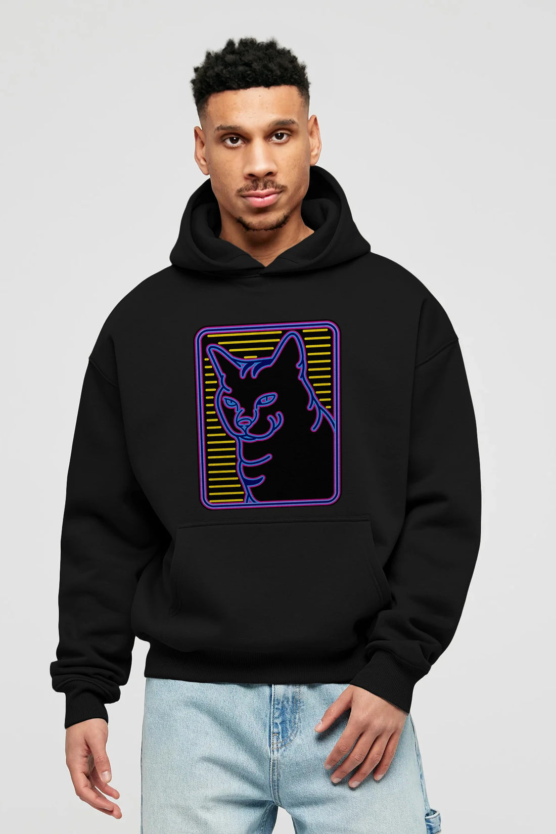 Neon Cat Ön Baskılı Hoodie Oversize Kapüşonlu Sweatshirt Erkek Kadın Unisex