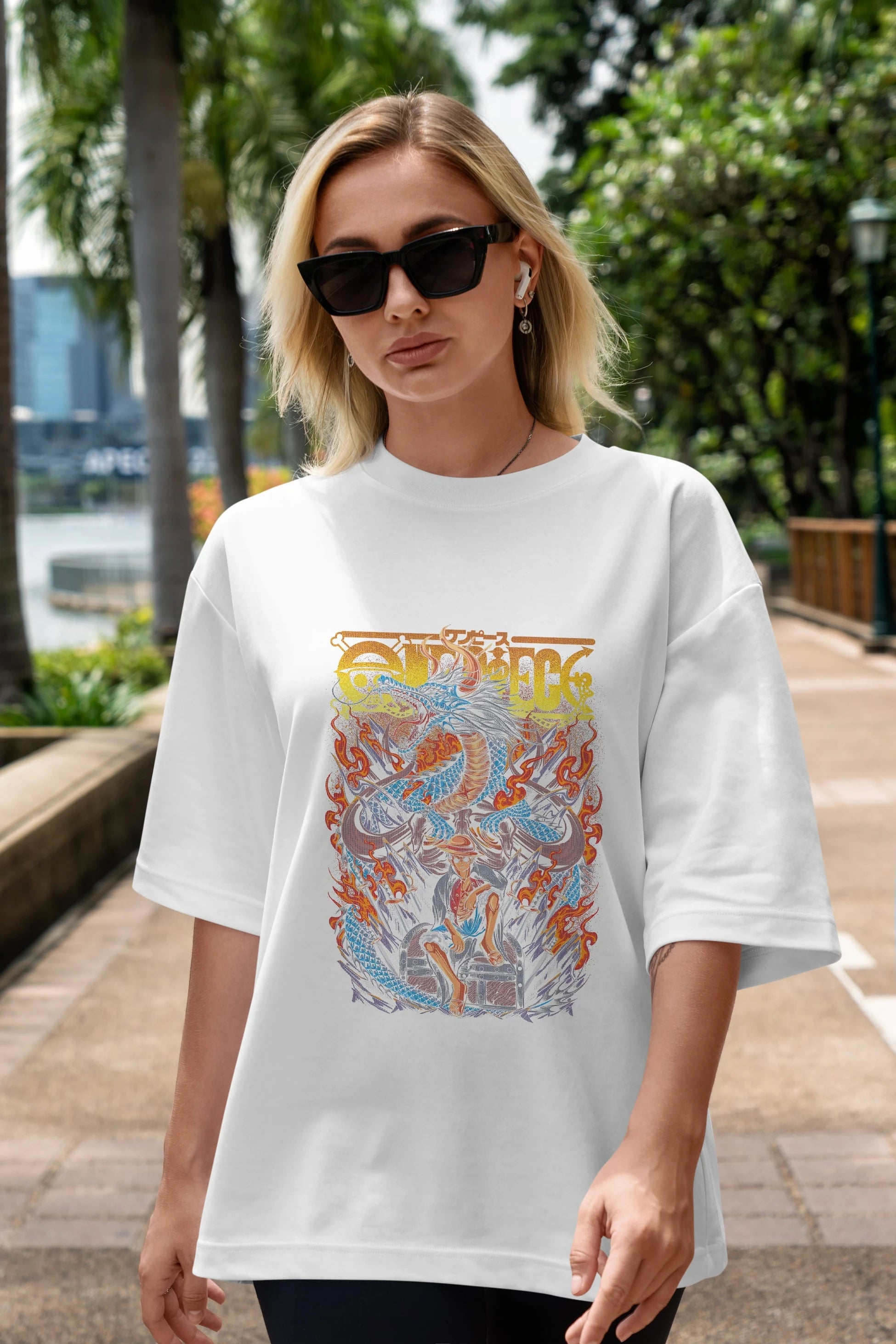 MONKEY D. LUFF-ONE PIECE Anime Ön Baskılı Oversize t-shirt %100 pamuk Erkek Kadın Unisex