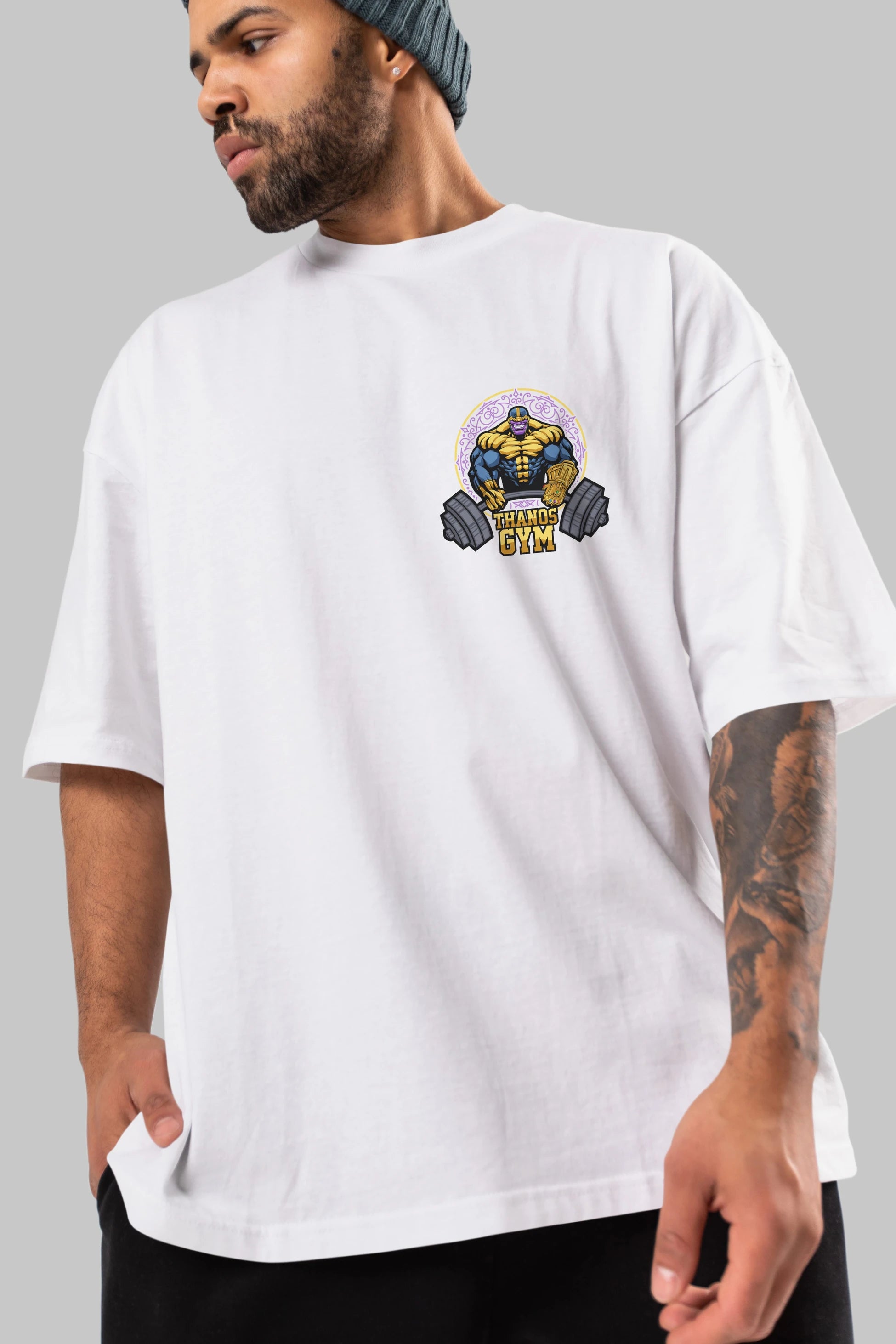 Thanos GYM Ön Sol Baskılı Oversize t-shirt Erkek Kadın Unisex %100 Pamuk Bisiklet Yaka tişort