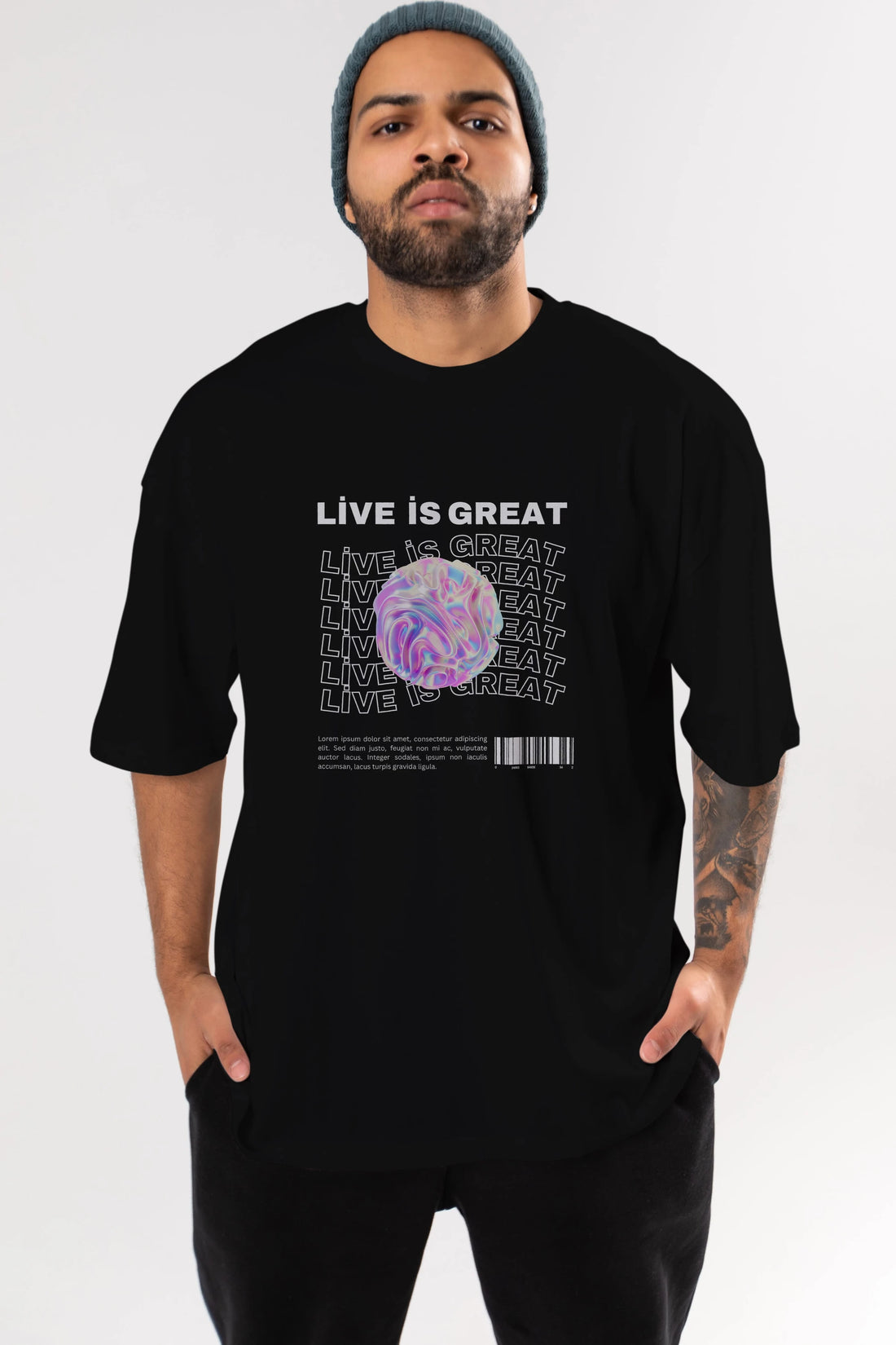 Live is Great Yazılı Ön Baskılı Oversize t-shirt Erkek Kadın Unisex