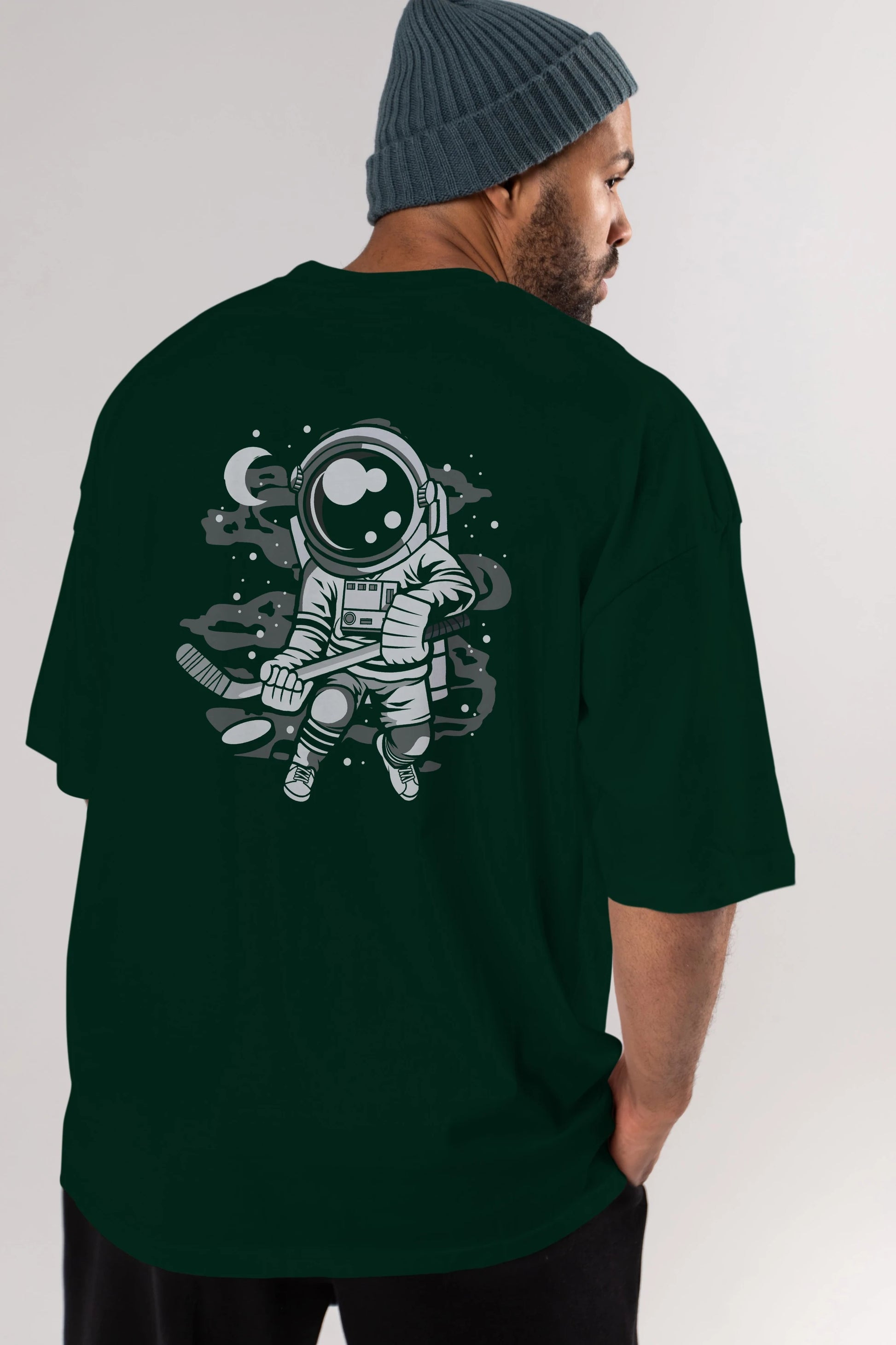 Hockey Player Astronaut Arka Baskılı Oversize t-shirt Erkek Kadın Unisex