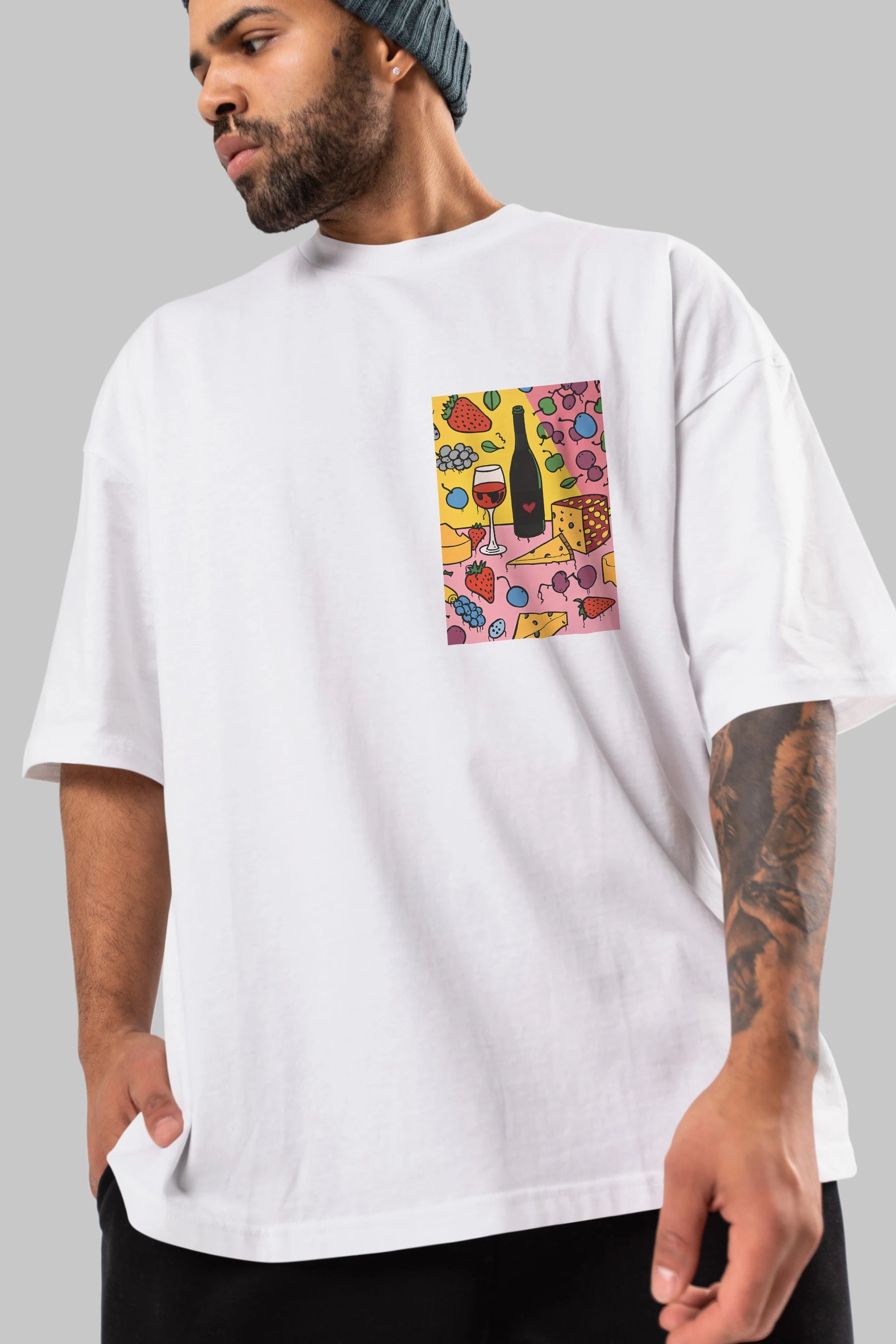 Wine Cheese Fruits Ön Sol Baskılı Oversize t-shirt Erkek Kadın Unisex %100 Pamuk Bisiklet Yaka tişort