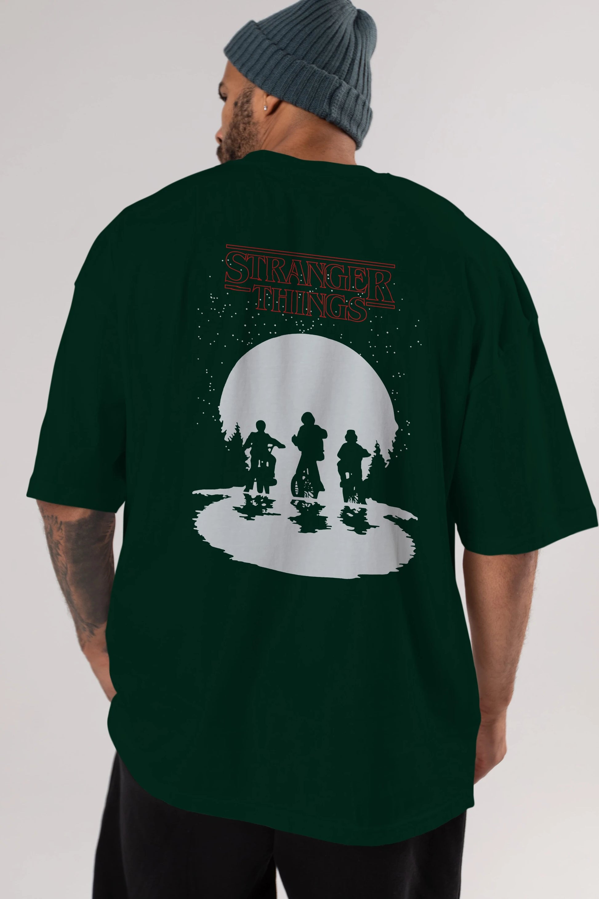 Stranger Things Arka Baskılı Oversize t-shirt Erkek Kadın Unisex %100 Pamuk Bisiklet Yaka tişort