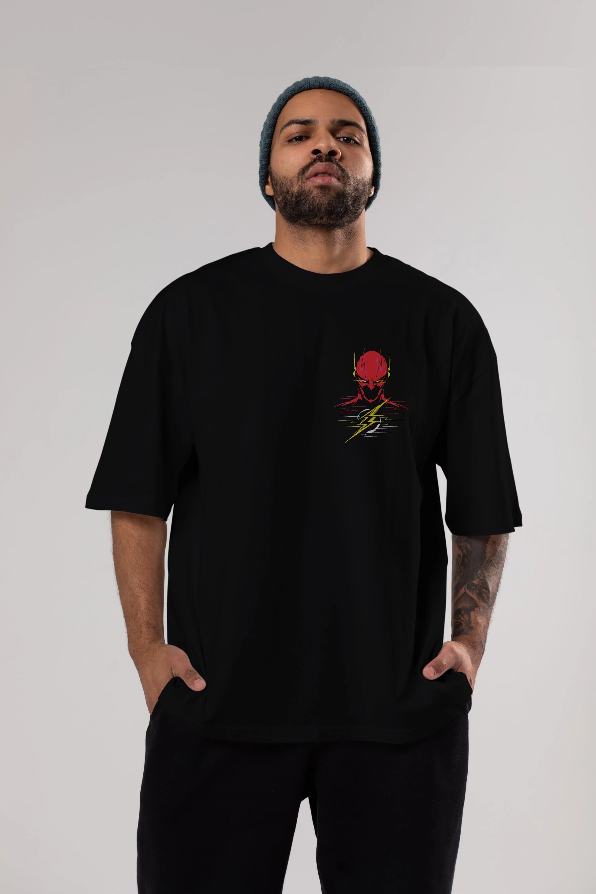 Flash Avengers (2) Ön Sol Baskılı Oversize t-shirt Erkek Kadın Unisex %100 Pamuk Bisiklet Yaka tişort