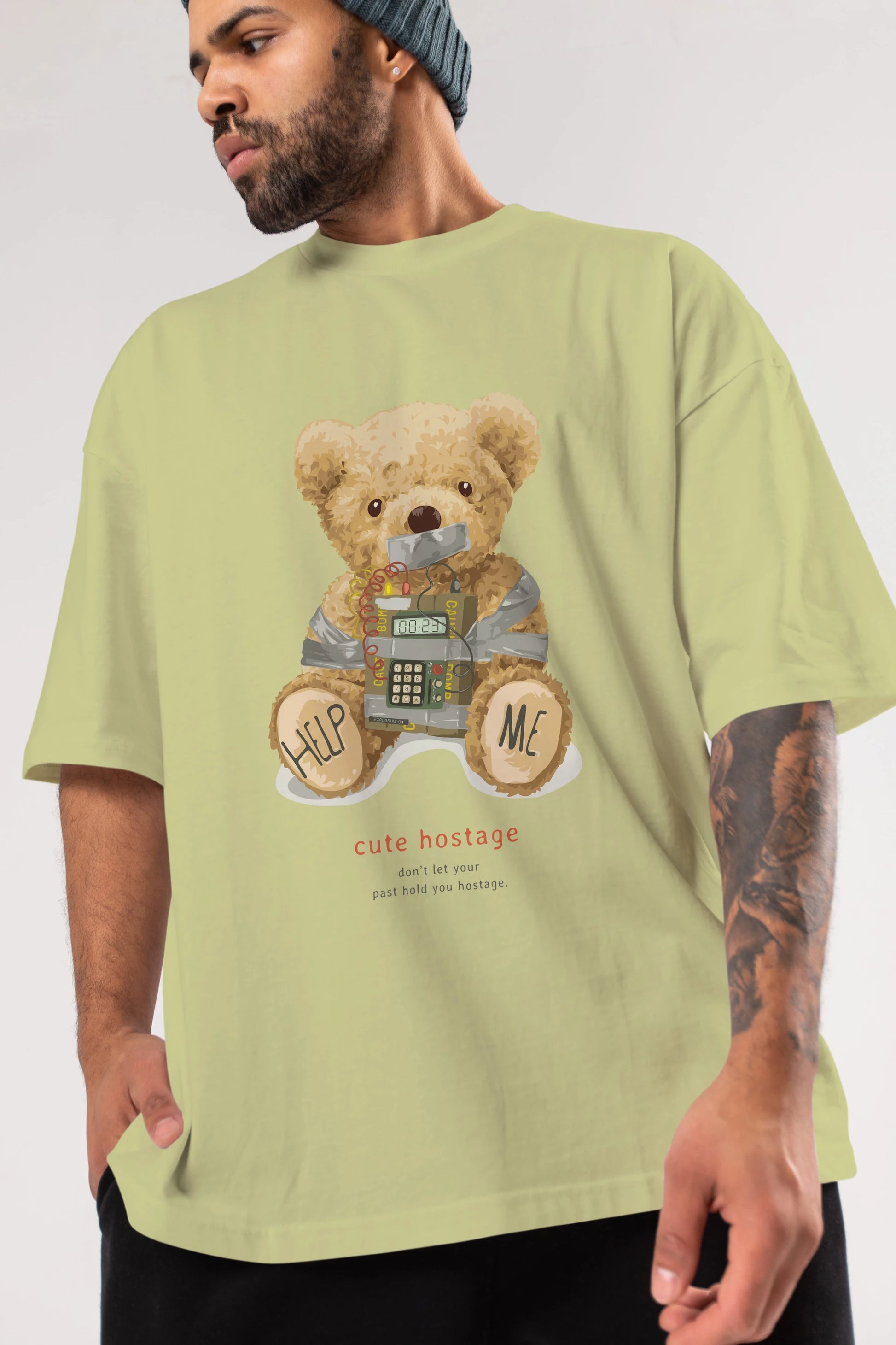 Teddy Bear Help Me Ön Baskılı Oversize t-shirt Erkek Kadın Unisex %100 Pamuk