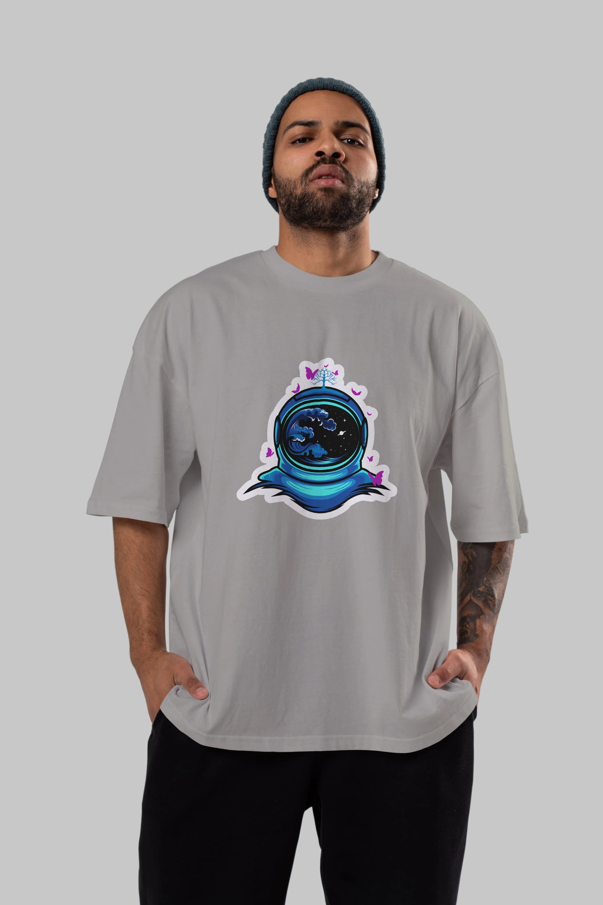 Astronaut and Butterfly Sticker Ön Baskılı Oversize t-shirt Erkek Kadın Unisex