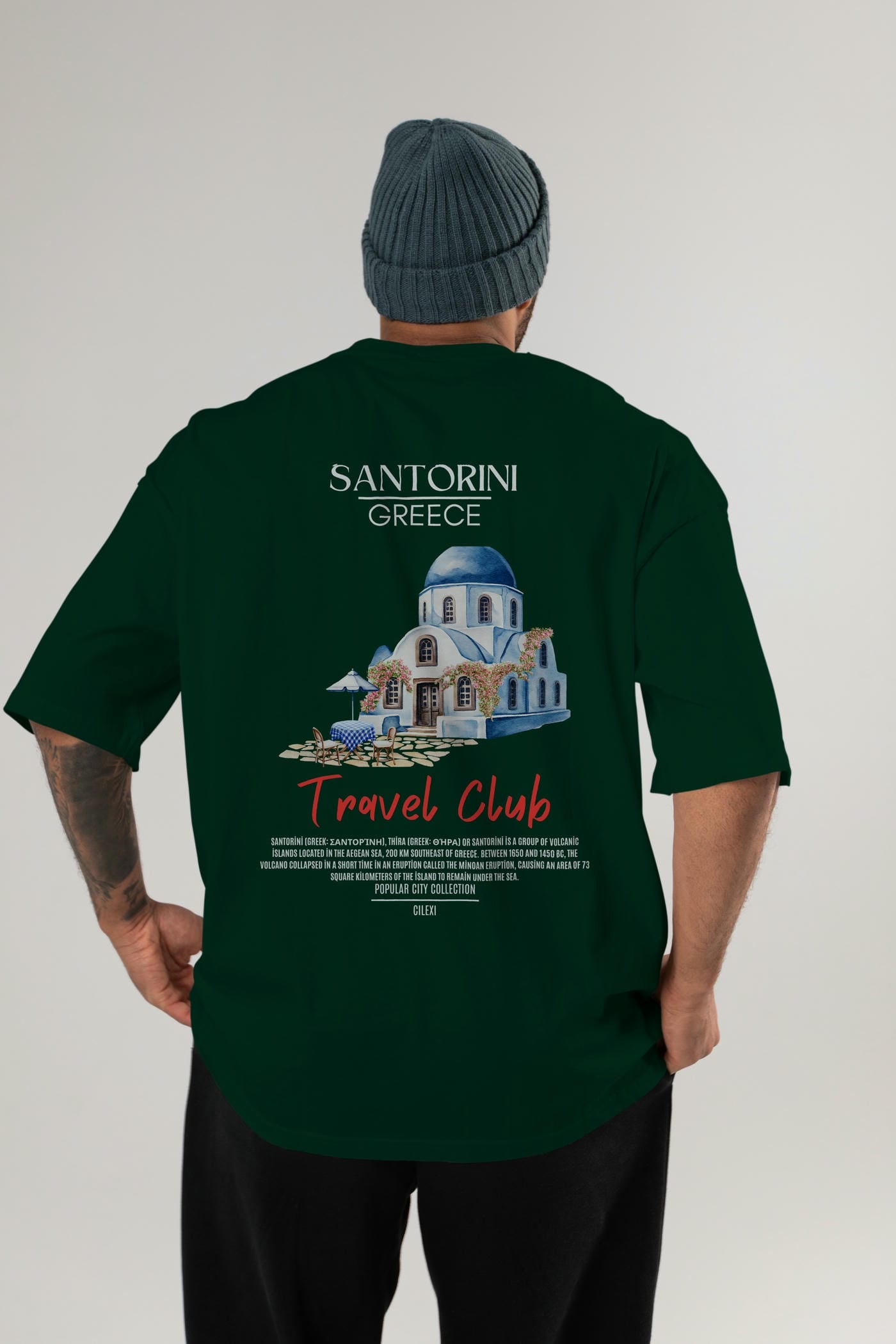 Santorini Greece Arka Baskılı Oversize t-shirt Erkek Kadın Pamuk Bisiklet Yaka tişort