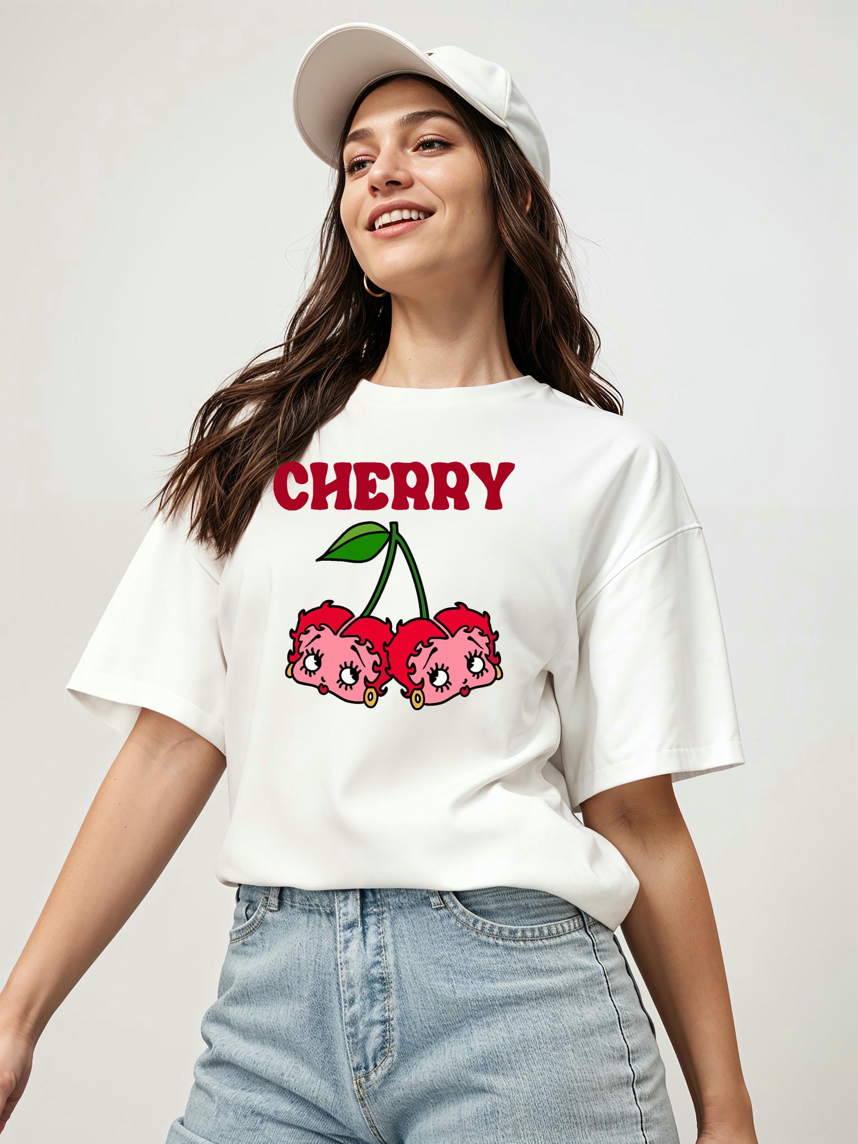 Cherry Cherries 10 Ön Baskılı Oversize t-shirt Erkek Kadın Pamuk Bisiklet Yaka tişort
