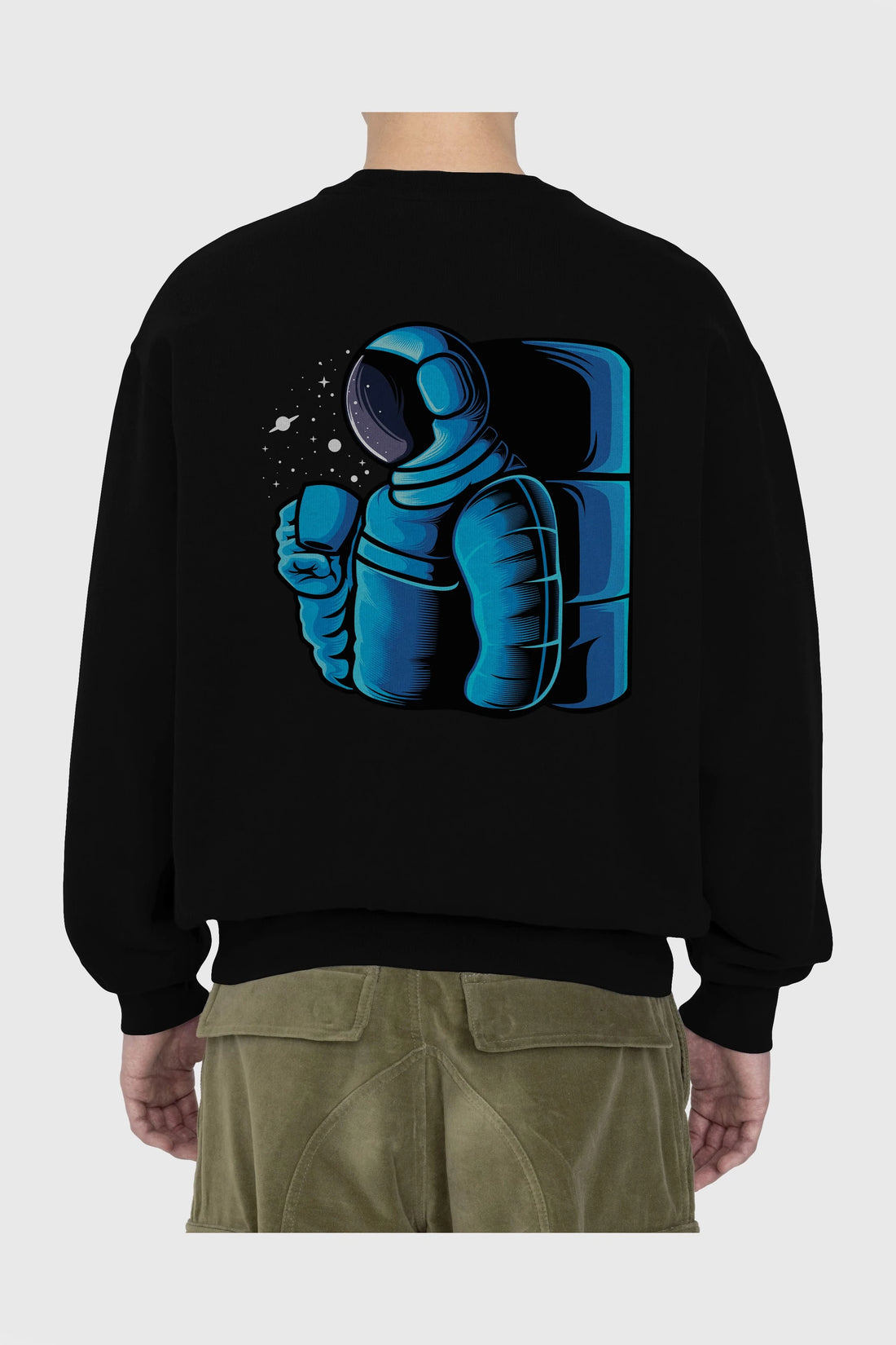 Drinking coffee in space Arka Baskılı Oversize Sweatshirt Erkek Kadın Unisex