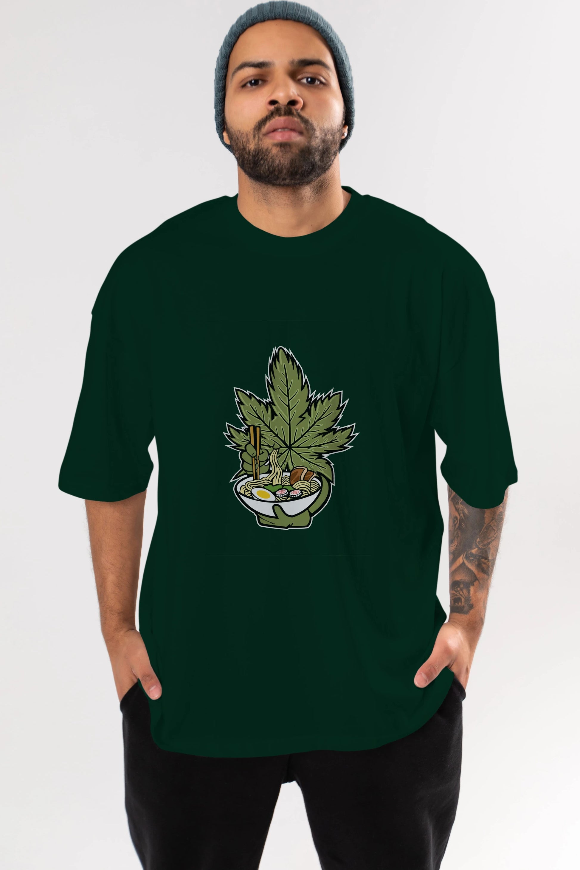Weed Ramen Ön Baskılı Oversize t-shirt Erkek Kadın Unisex %100 Pamuk tişort