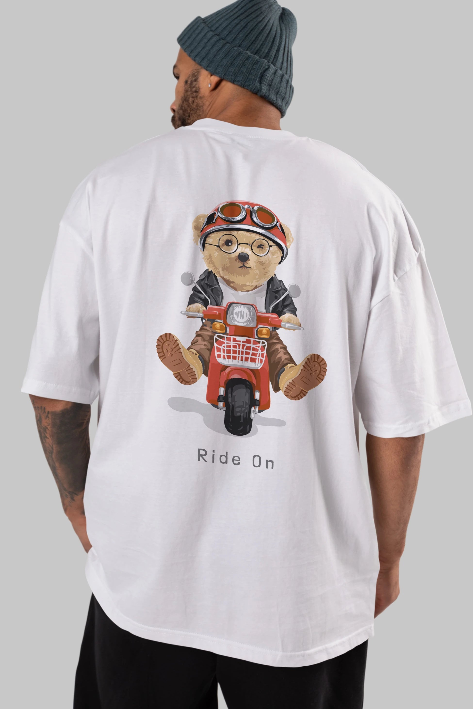 Teddy Bear Ride On Arka Baskılı Oversize t-shirt Erkek Kadın Unisex %100 Pamuk