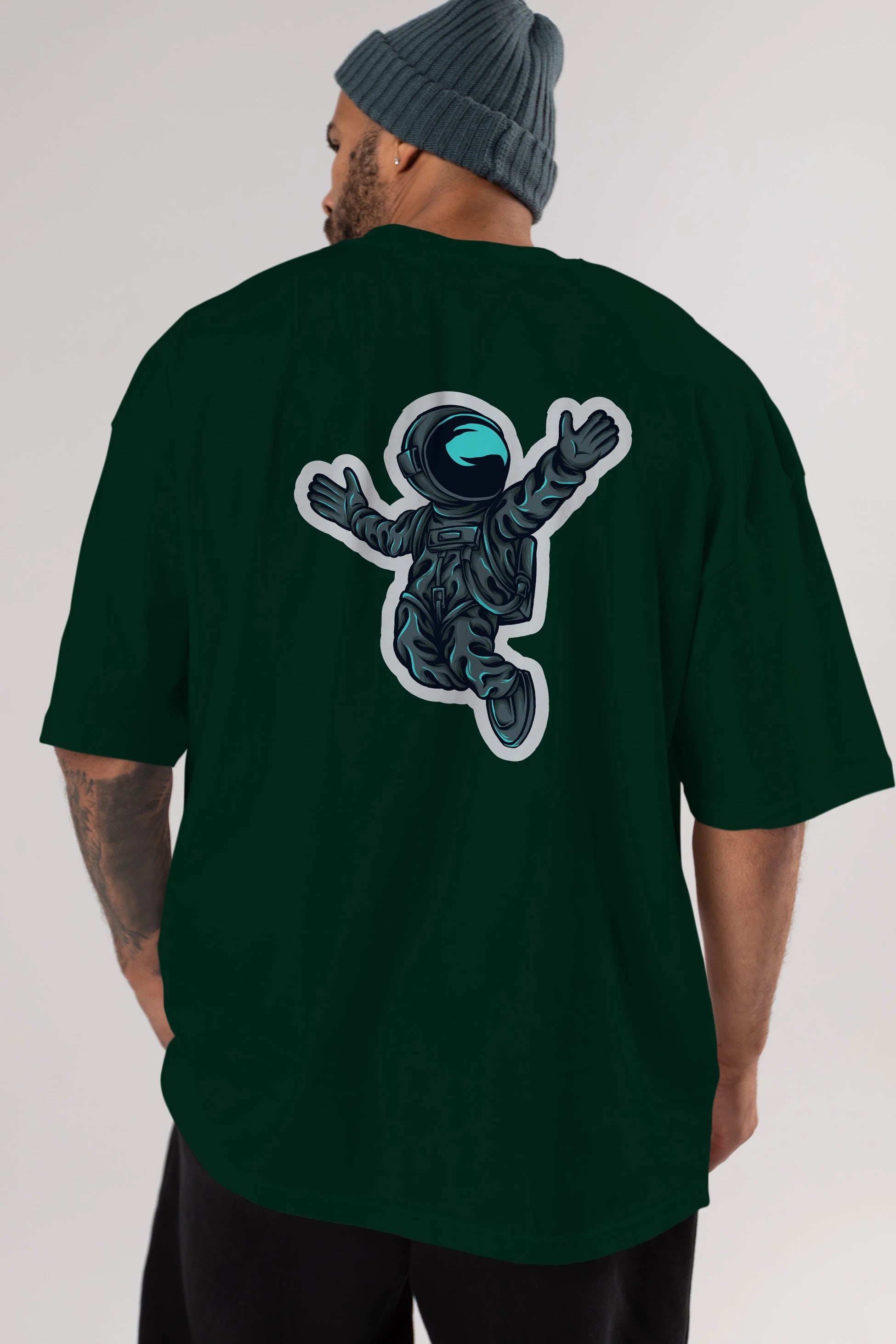 Happy Astronaut Sticker Arka Baskılı Oversize t-shirt Erkek Kadın Unisex