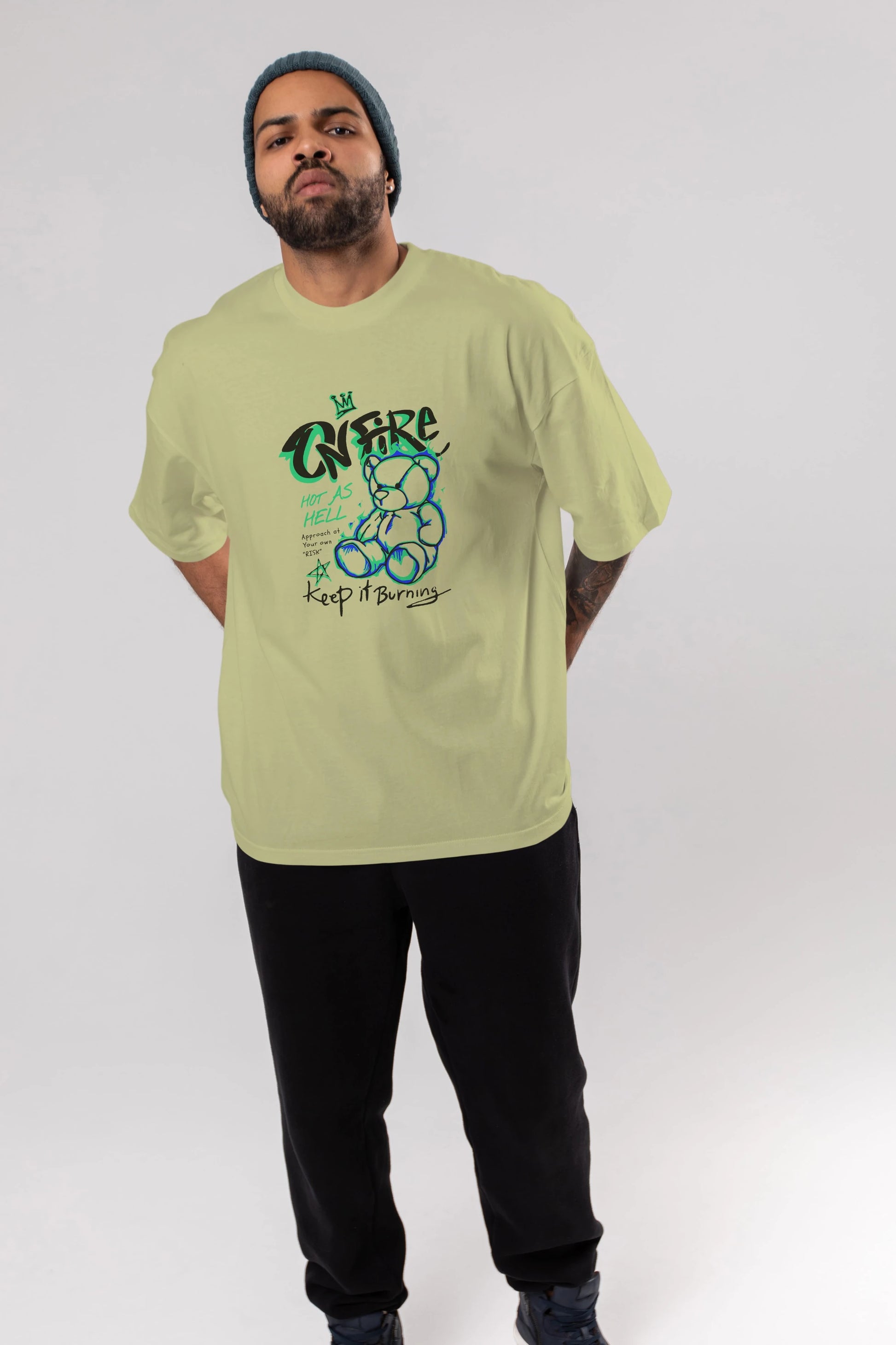 On Fire Bear Ön Baskılı Oversize t-shirt Erkek Kadın Unisex