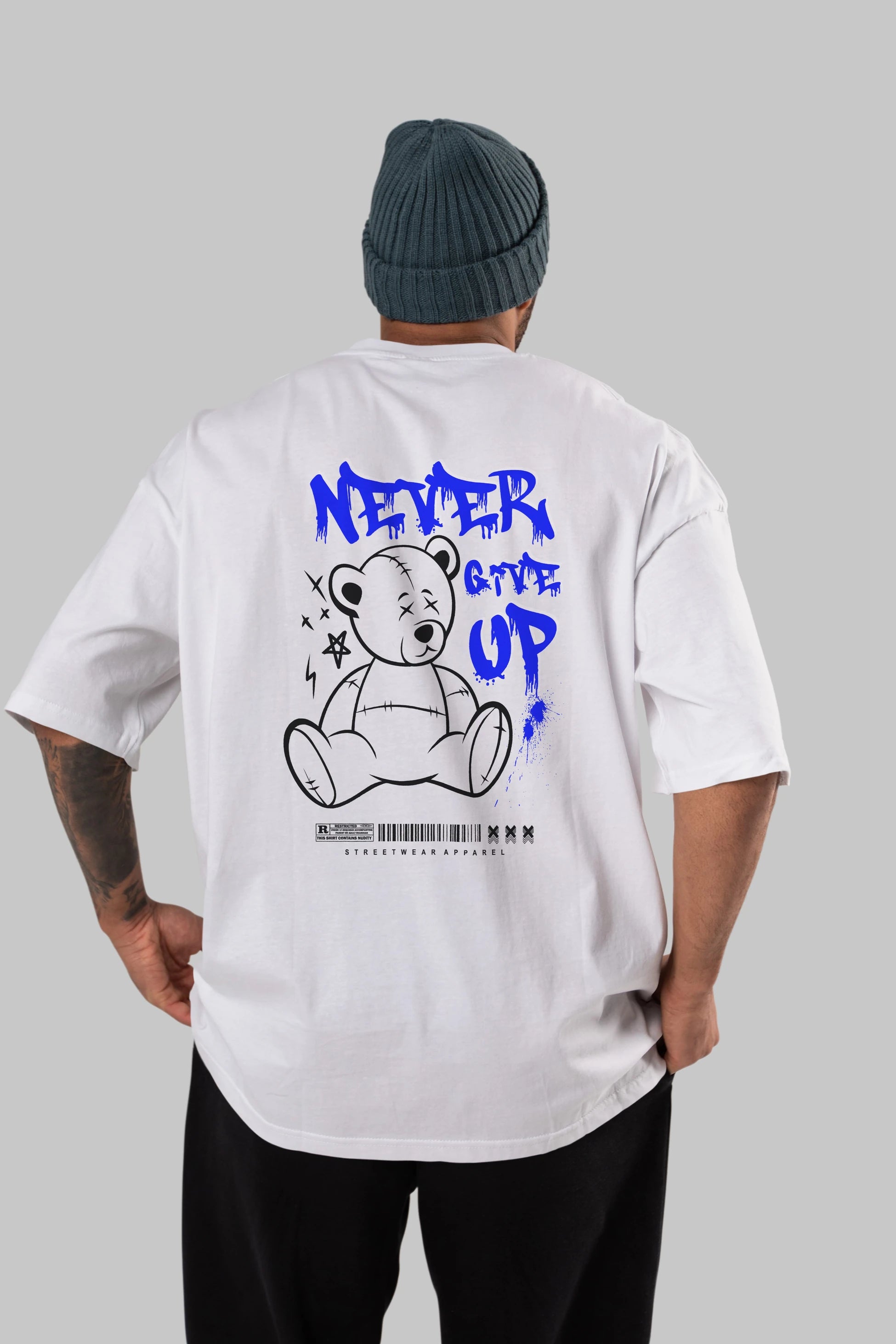 Teddy Bear Never Give Up Arka Baskılı Oversize t-shirt Erkek Kadın Unisex