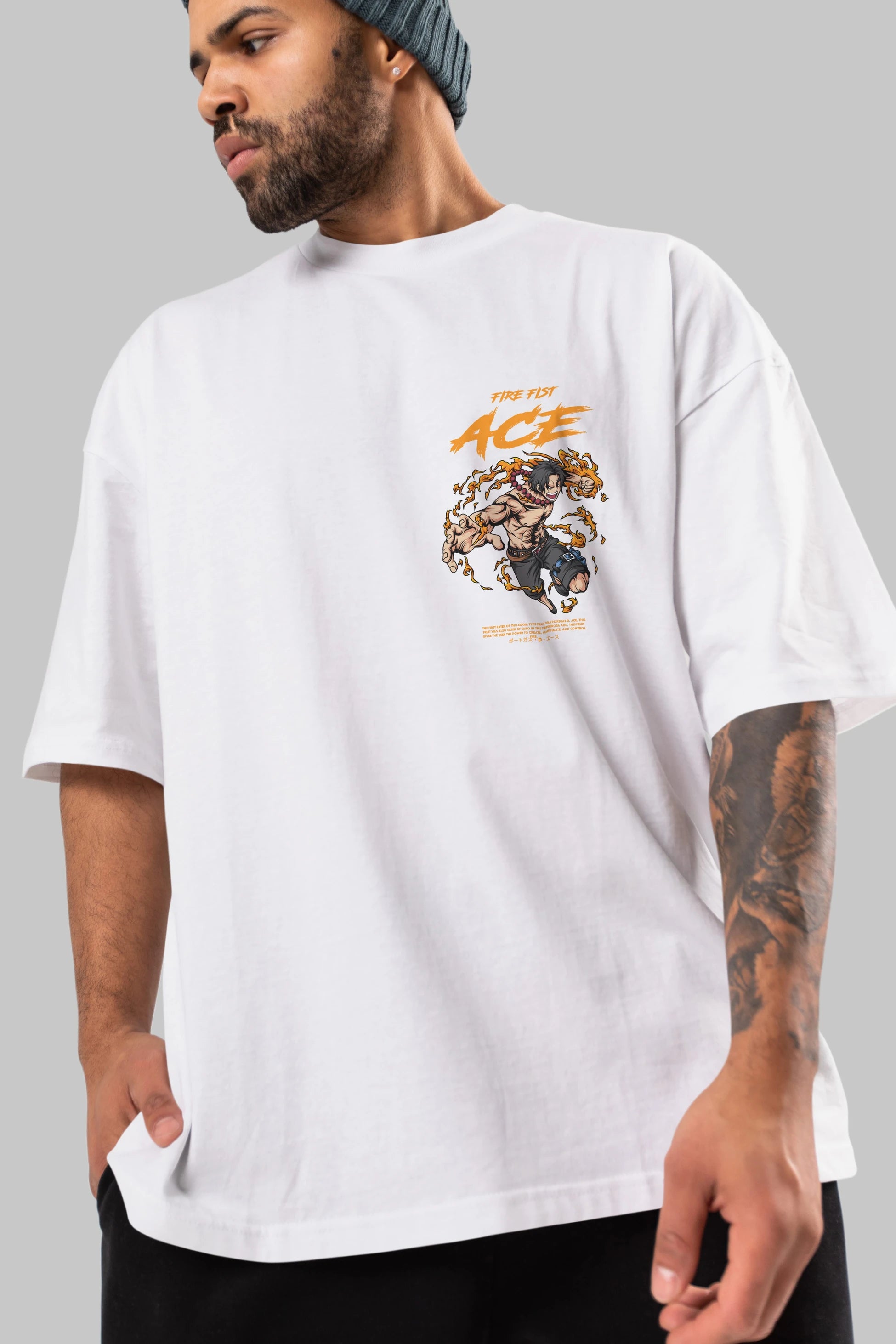 Fire Fist Ace Ön Sol Baskılı Oversize t-shirt Erkek Kadın Unisex %100 Pamuk Bisiklet Yaka tişort