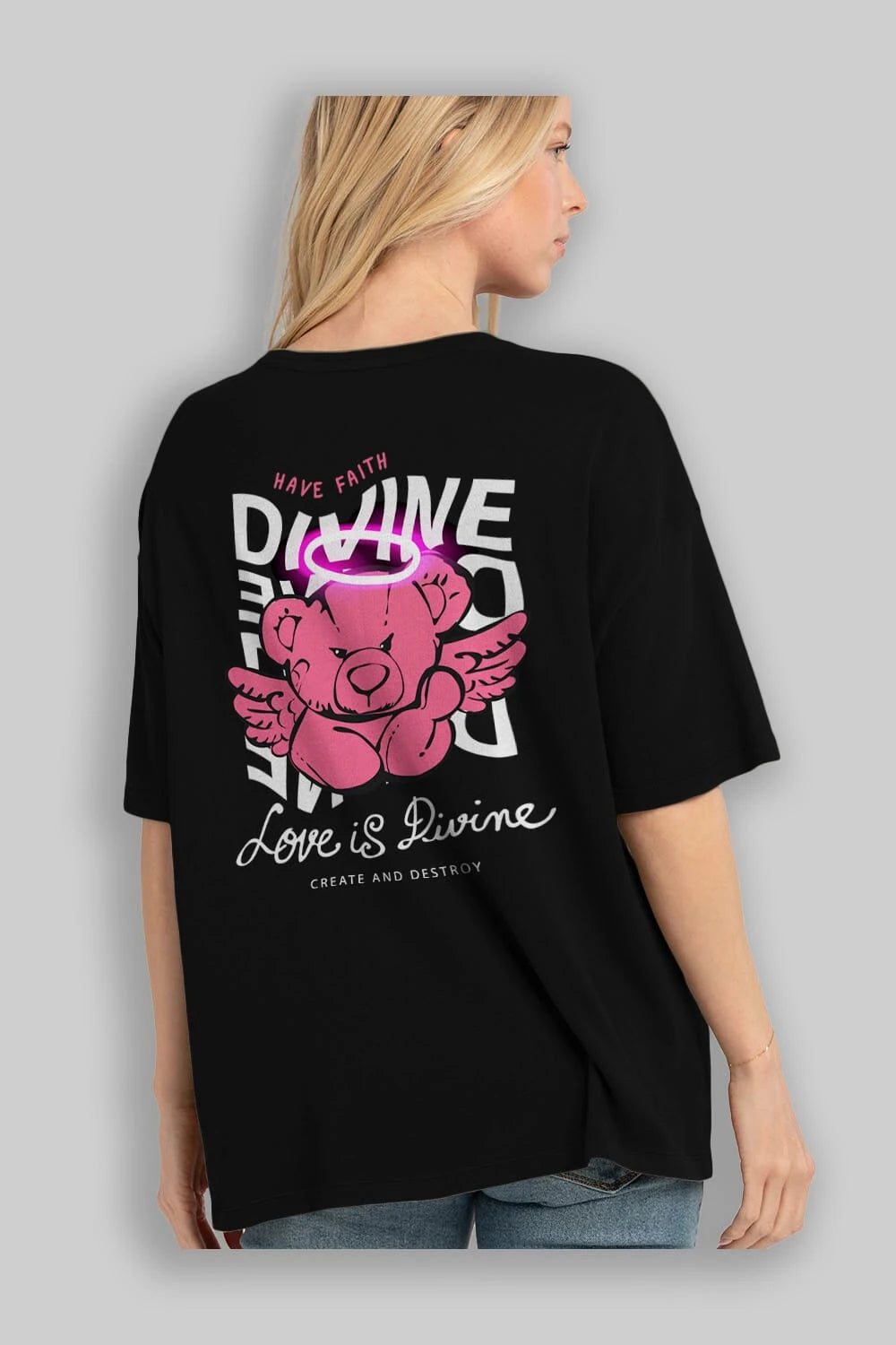 Love is Divine Bear Arka Baskılı Oversize t-shirt Erkek Kadın Unisex